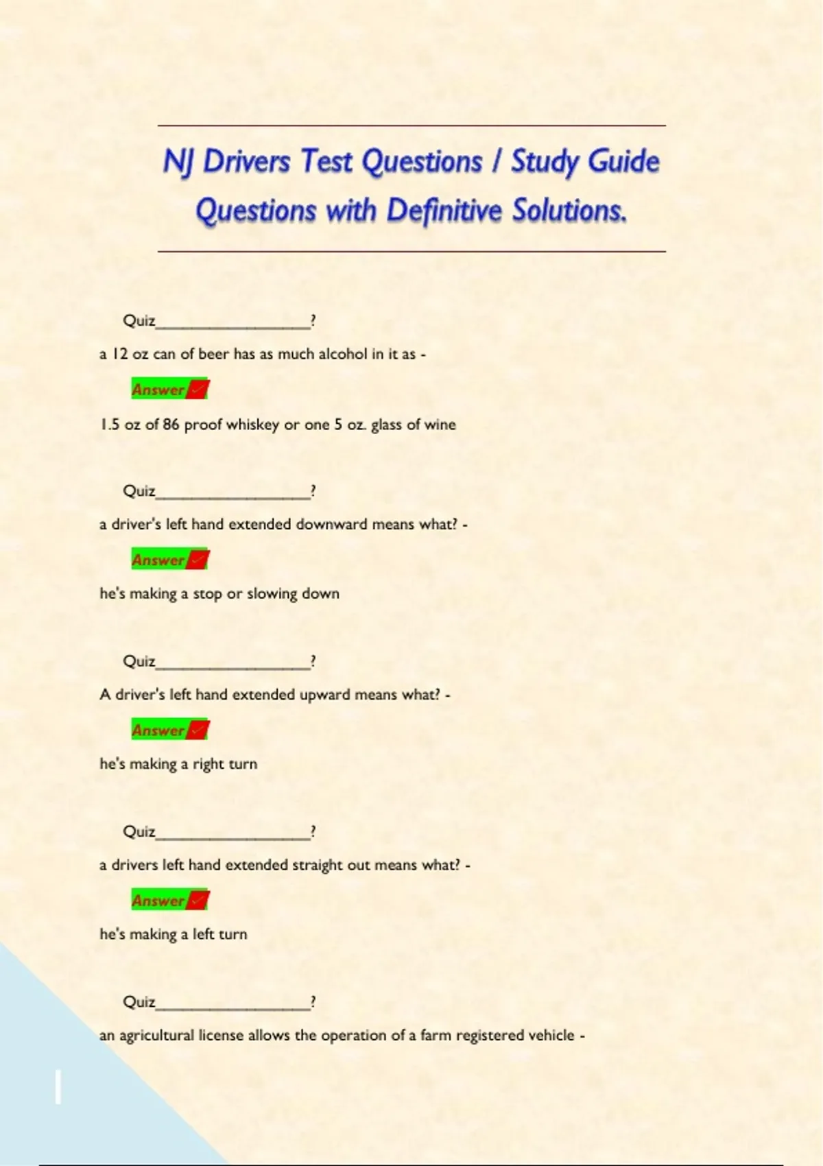 NJ Drivers Test Questions / Study Guide Questions with Definitive ...