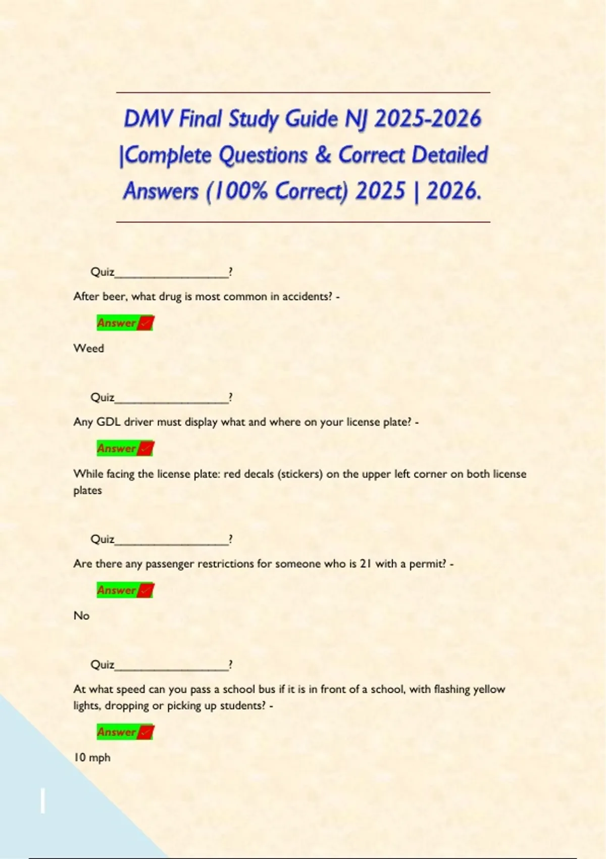 DMV Final Study Guide NJ |Complete Questions & Correct Detailed Answers ...