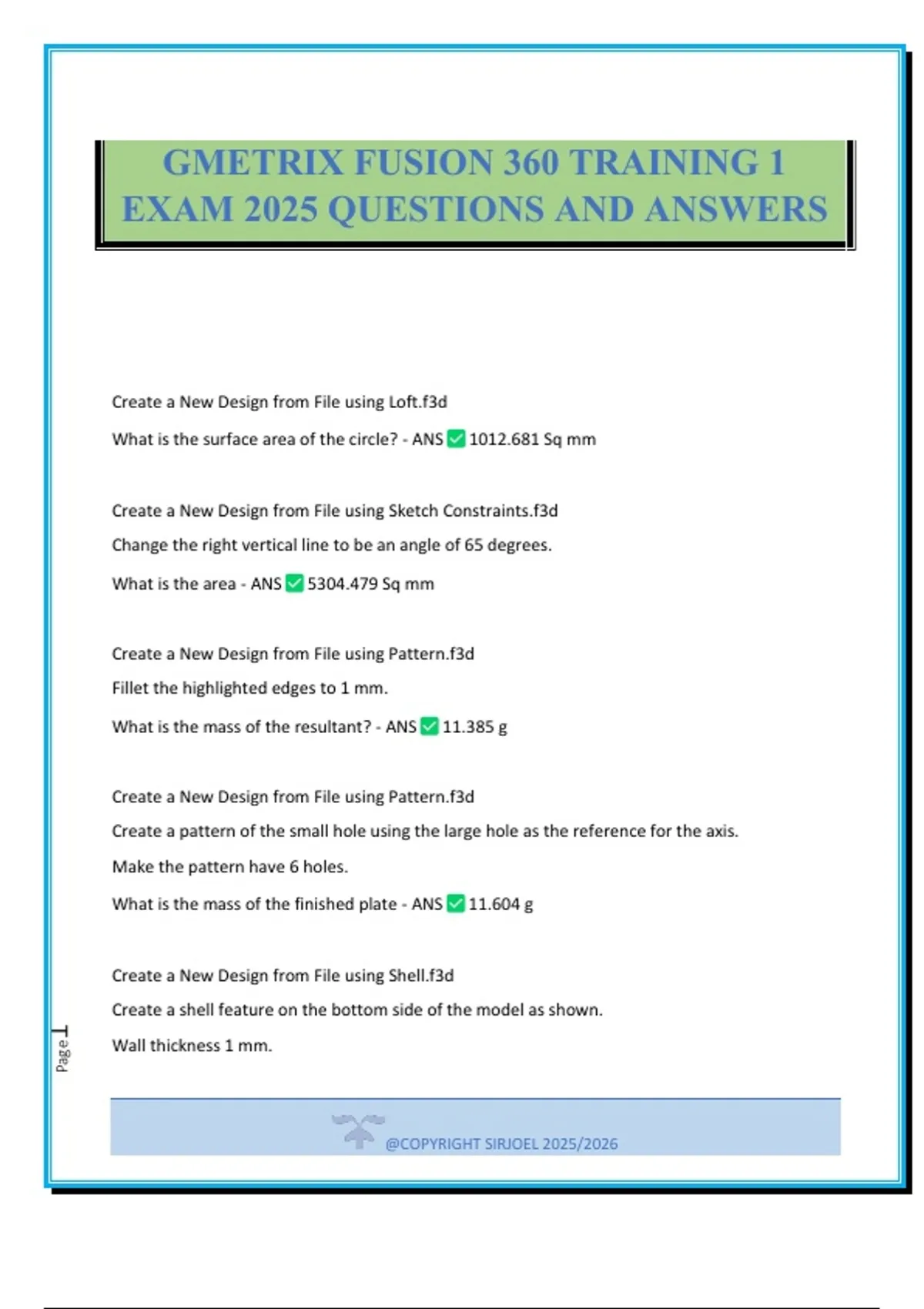 GMETRIX FUSION 360 TRAINING 1 EXAM 2025 QUESTIONS AND ANSWERS - GMETRIX ...