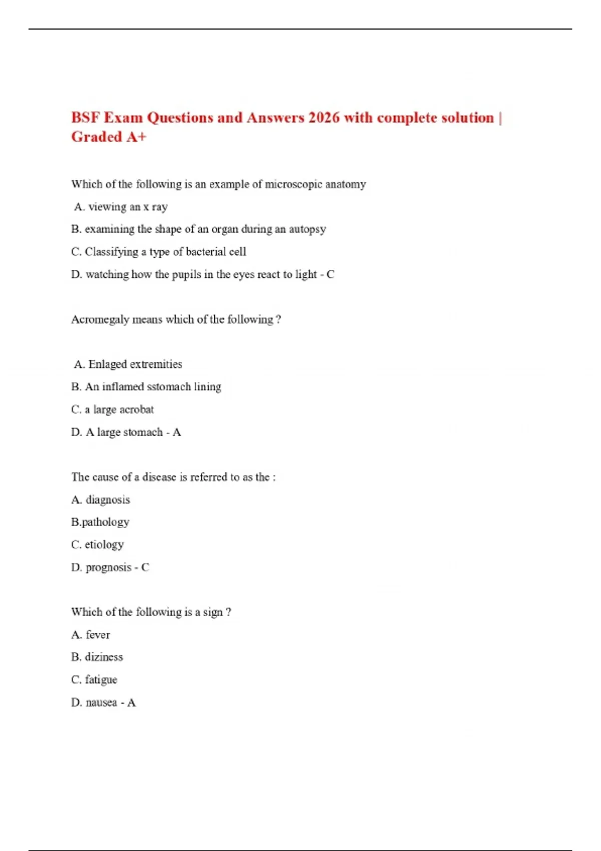 BSF Exam Questions and Answers 2026 with complete solution | Graded A+ ...