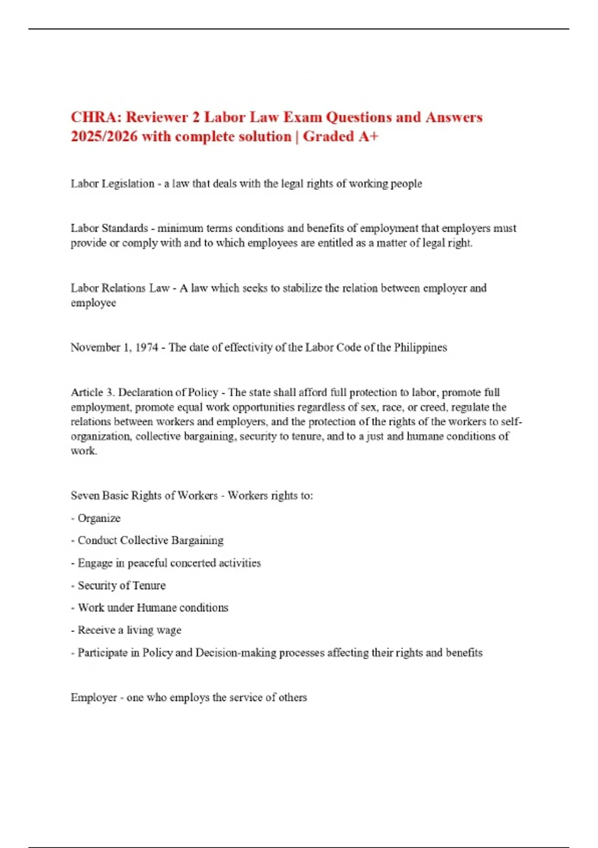 CHRA: Reviewer 2 Labor Law Exam Questions and Answers 2025/2026 with ...