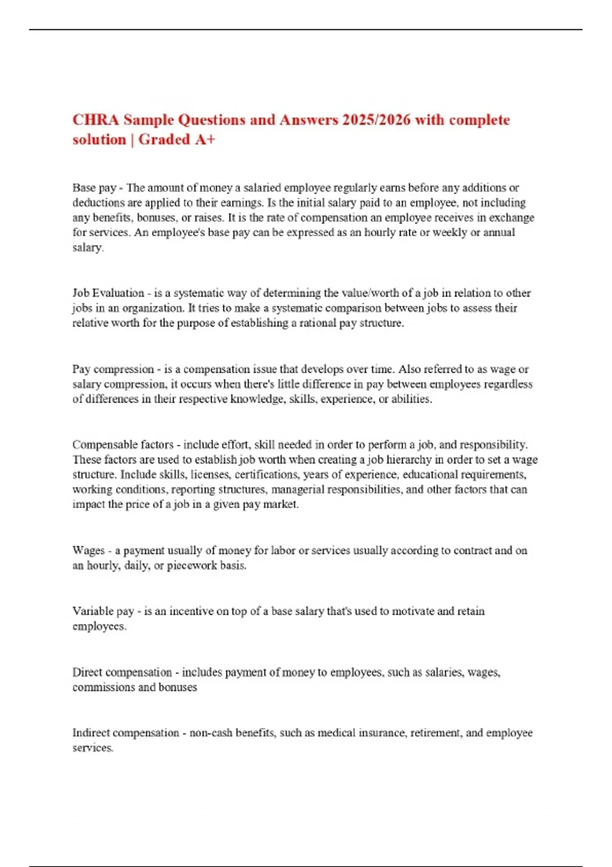 CHRA Sample Questions and Answers 2025/2026 with complete solution ...