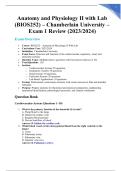 Anatomy and Physiology II with Lab &lpar;BIOS252&rpar; &ndash; Chamberlain University &ndash; Exam 1 Review &lpar;2023&sol;2024&rpar;