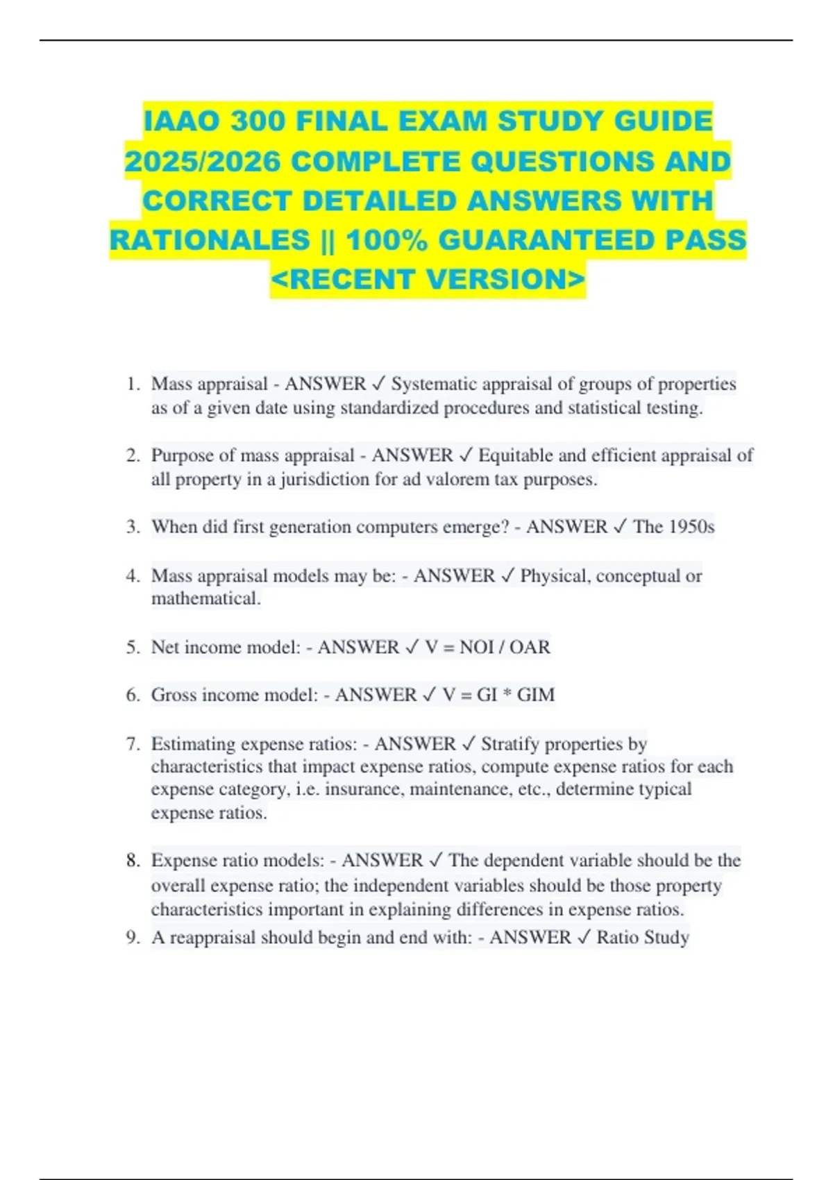 IAAO 300 FINAL EXAM STUDY GUIDE 2025/2026 COMPLETE QUESTIONS AND ...
