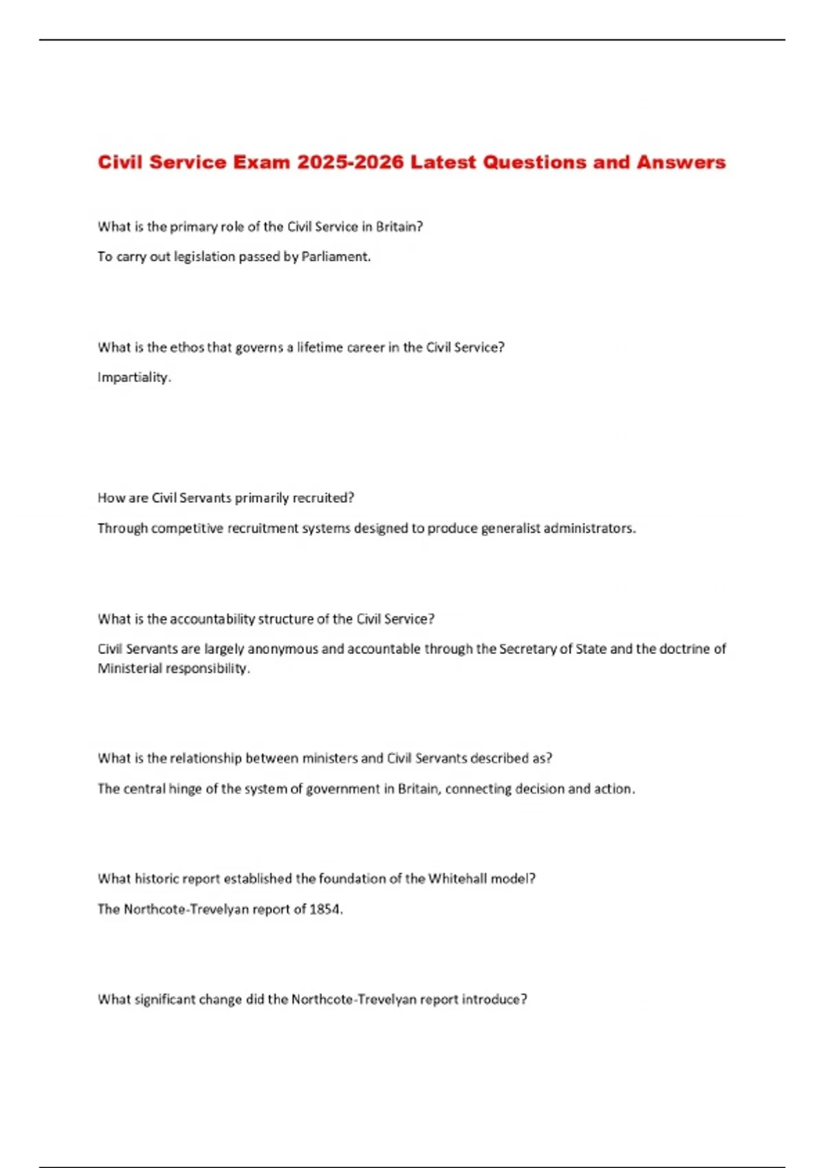 Civil Service Exam Latest Questions and Answers - Civil service - Stuvia US