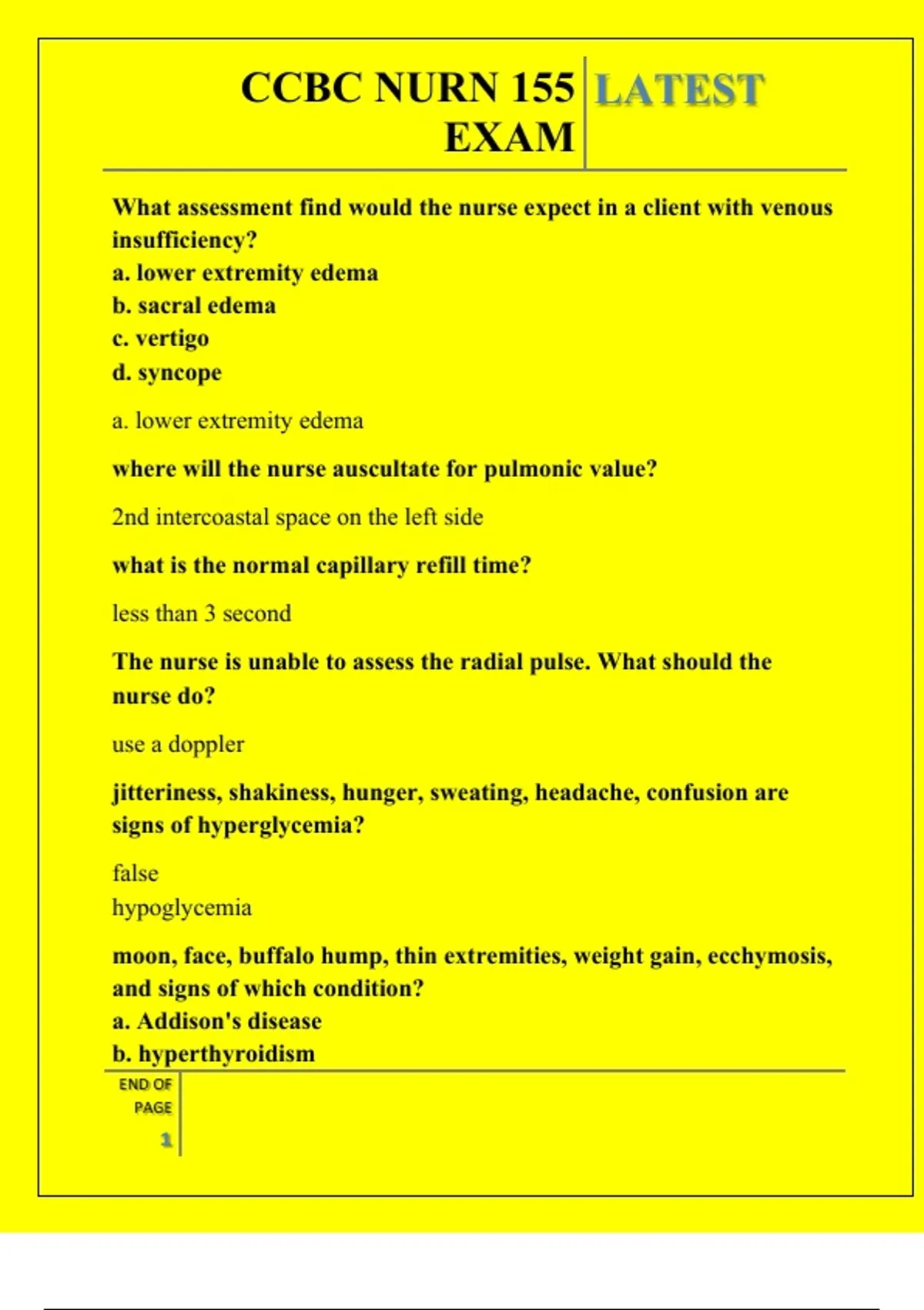 Ccbc Course CCBC NURN 155 EXAM QUESTIONS AND ANSWERS 2025 - CCBC NURN 155 - Stuvia US