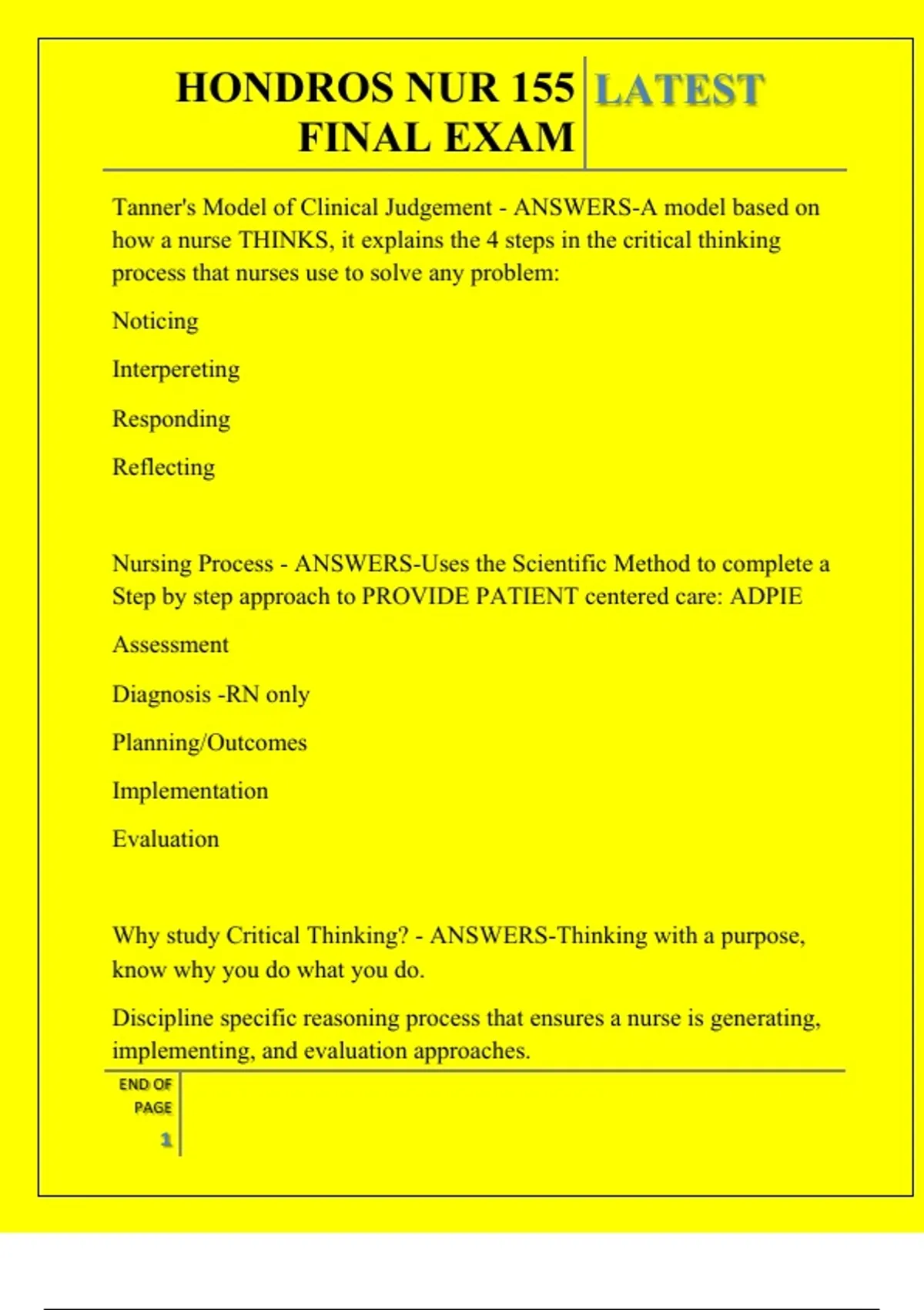 HONDROS NUR 155 FINAL EXAM QUESTIONS AND ANSWERS 2025 - NUR 155 - Stuvia US