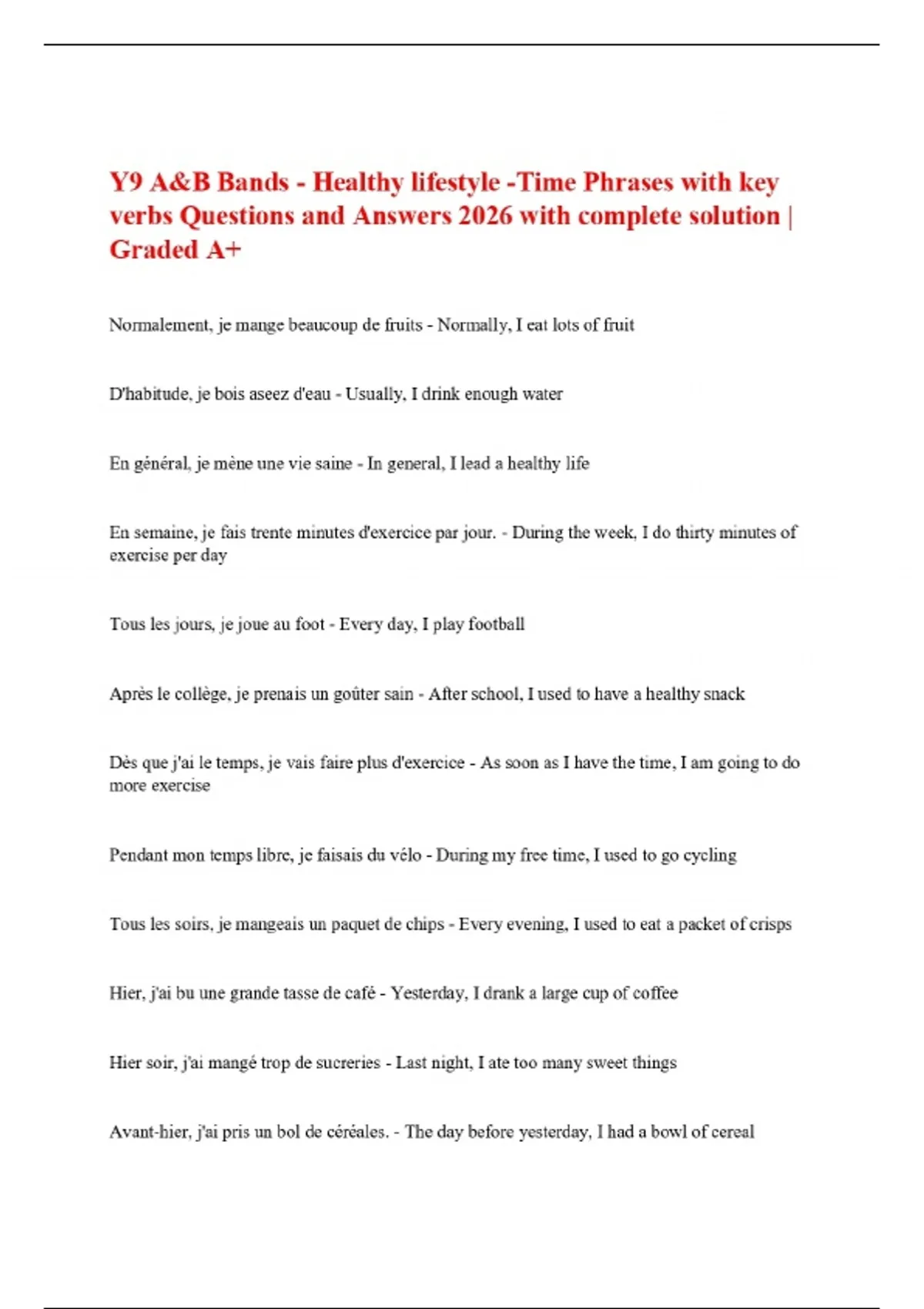 Y9 Key Y9 A&B Bands - Healthy lifestyle -Time Phrases with key verbs Questions ...