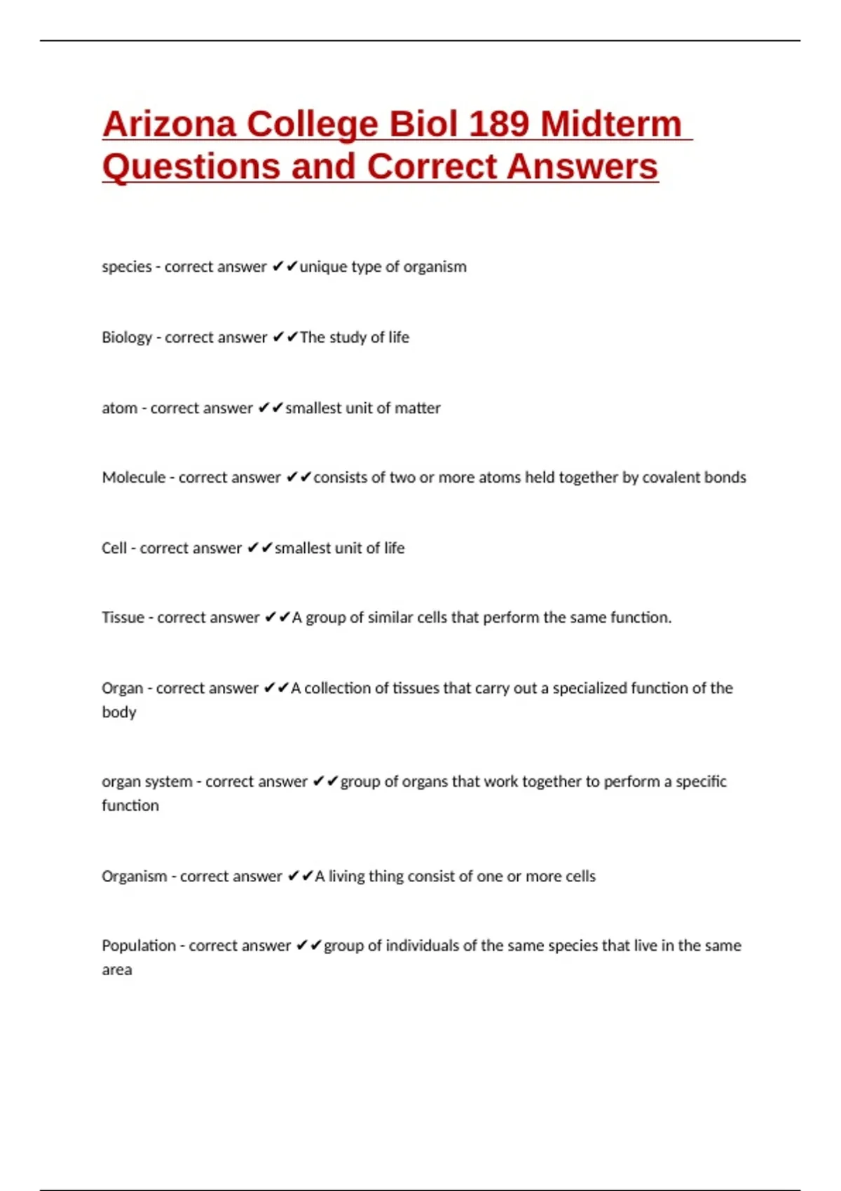 Arizona College Biol 189 Midterm Questions and Correct Answers - BIO ...