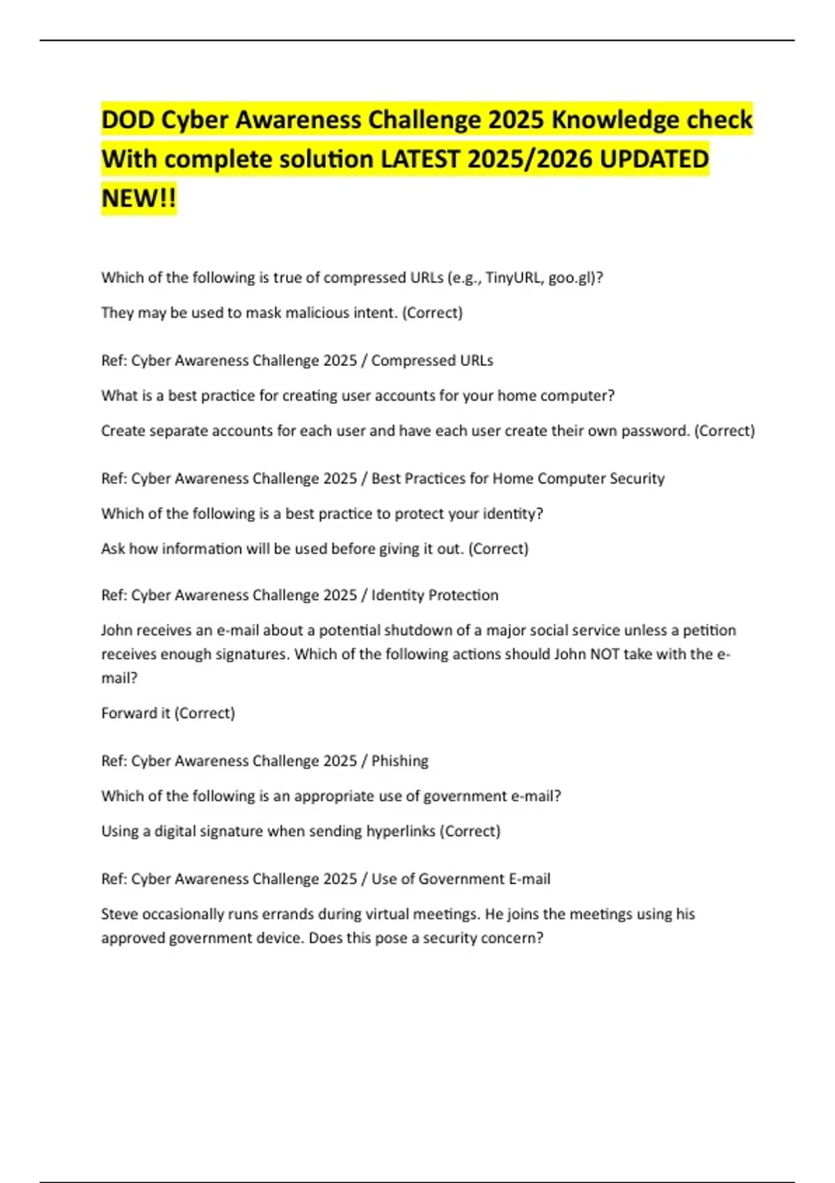 DOD Cyber Awareness Challenge 2025 Knowledge check With complete ...