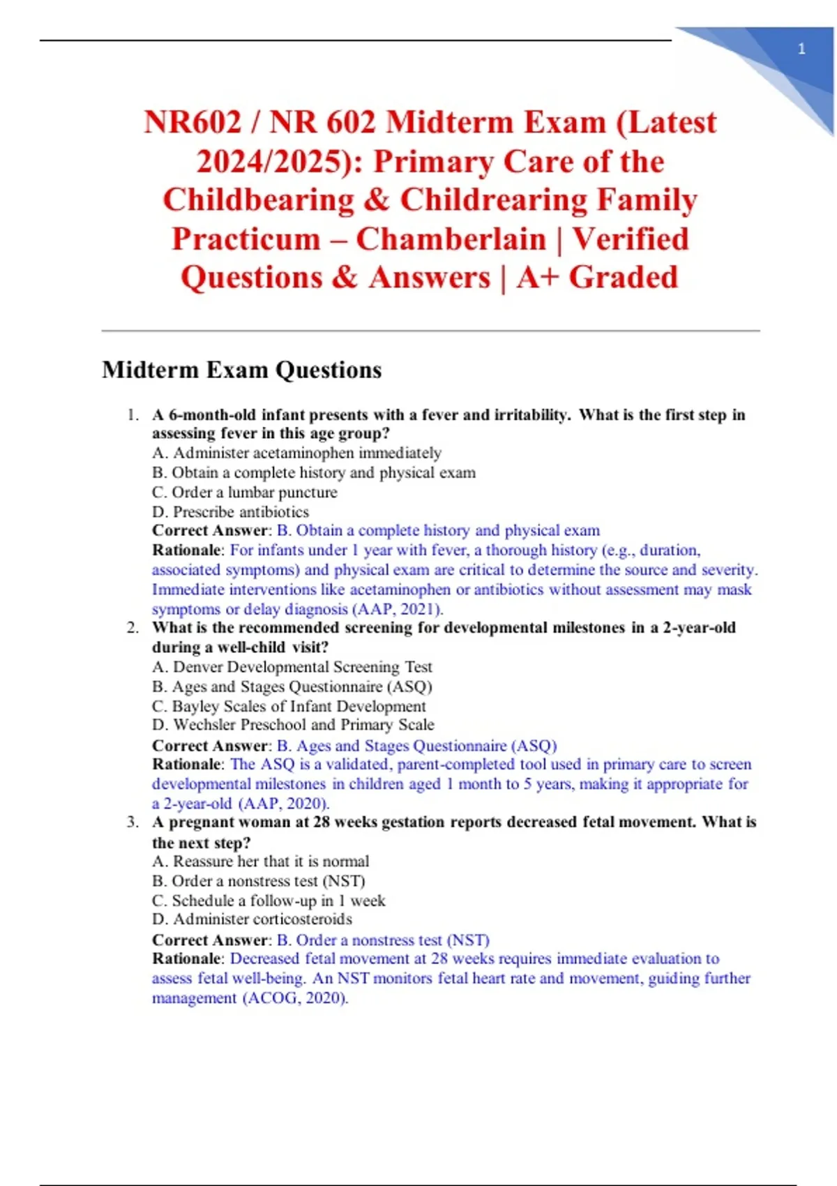 NR602 / NR 602 Midterm Exam (Latest 2024/2025): Primary Care of the ...