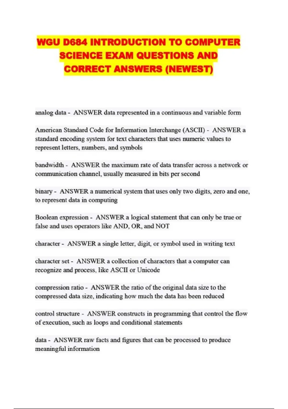 Wgu Computer Science Program WGU D684 INTRODUCTION TO COMPUTER SCIENCE EXAM QUESTIONS AND CORRECT ...