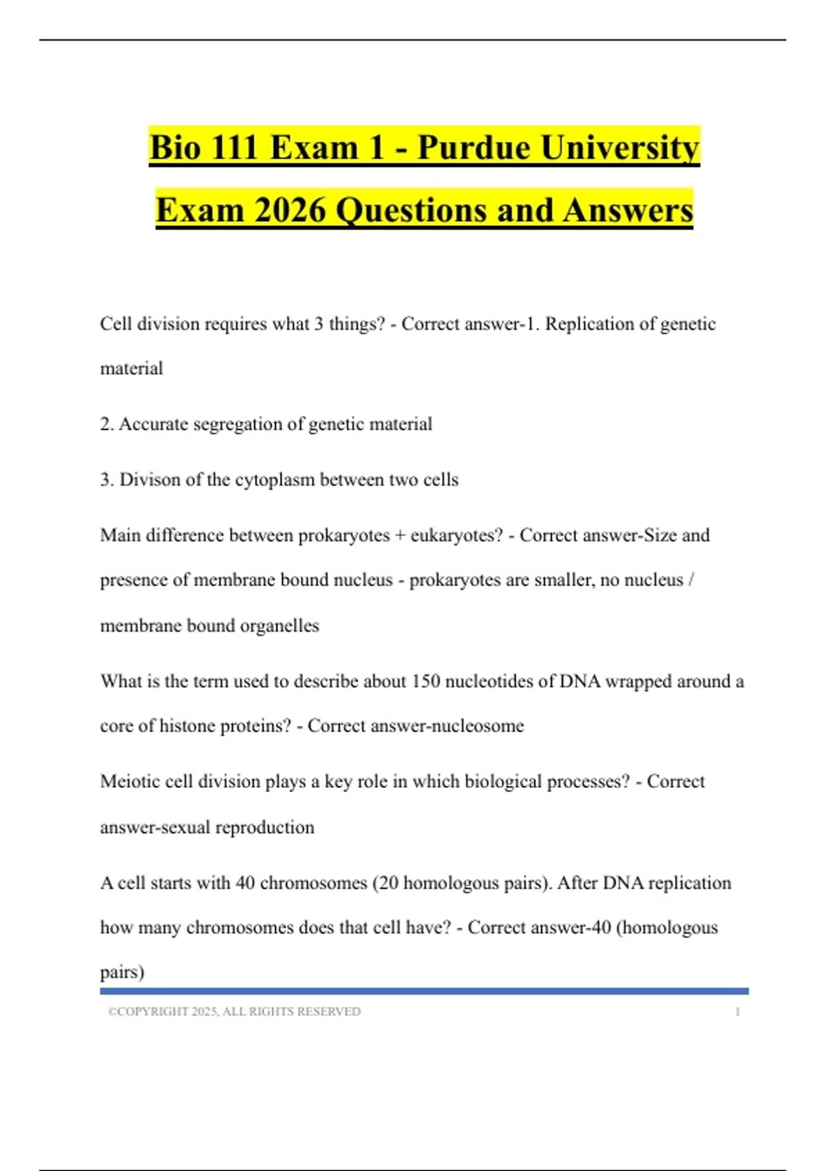 Bio 111 Exam 1 - Purdue University Exam 2026 Questions and Answers ...