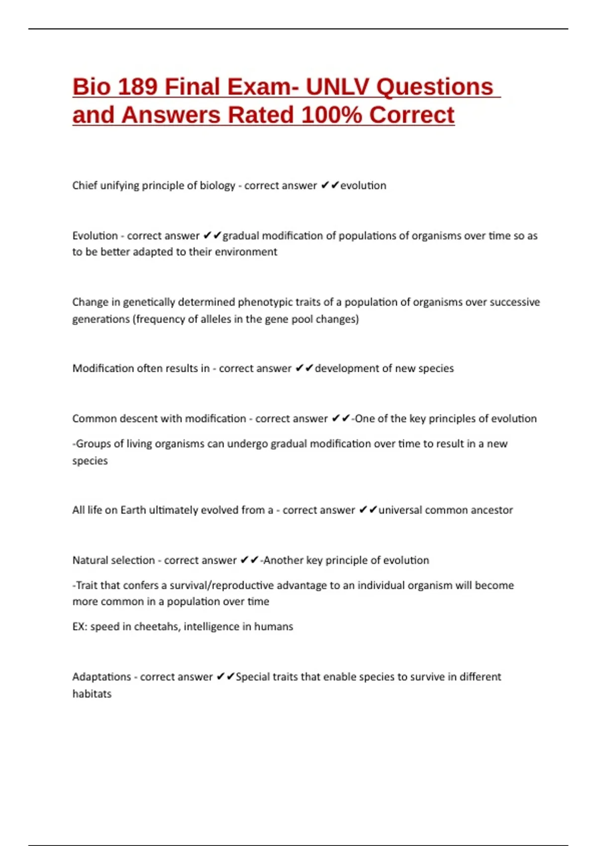 Bio 189 Final Exam- UNLV Questions and Answers Rated 100% Correct - BIO ...