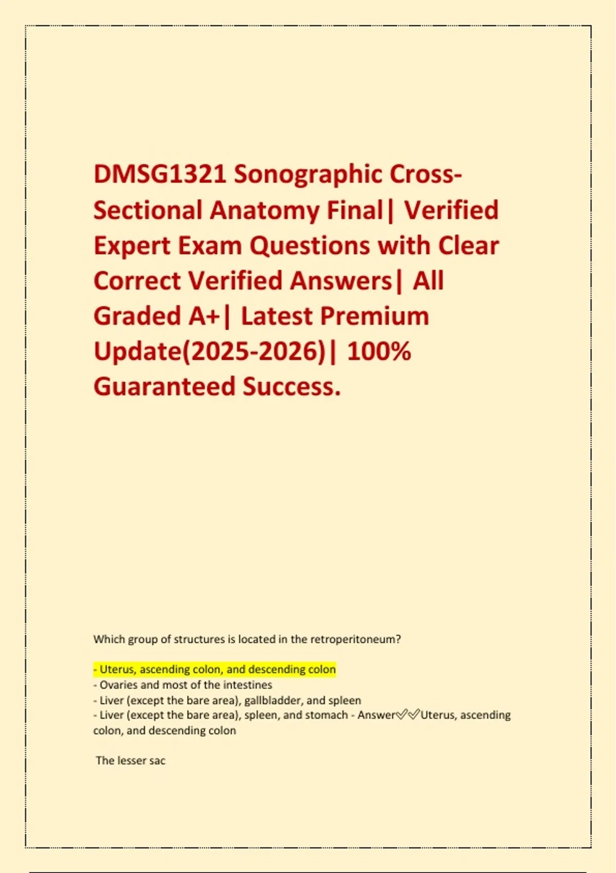 DMSG1321 Sonographic Cross-Sectional Anatomy Final| Verified Expert ...