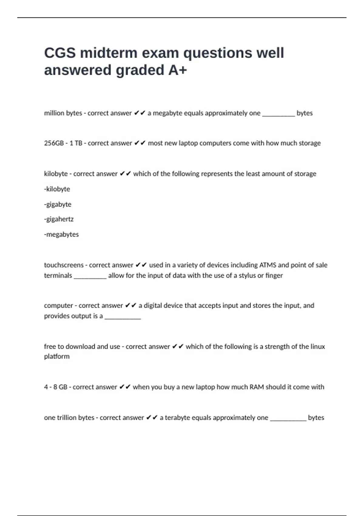 CGS midterm exam questions well answered graded A+ - CGS - Stuvia US