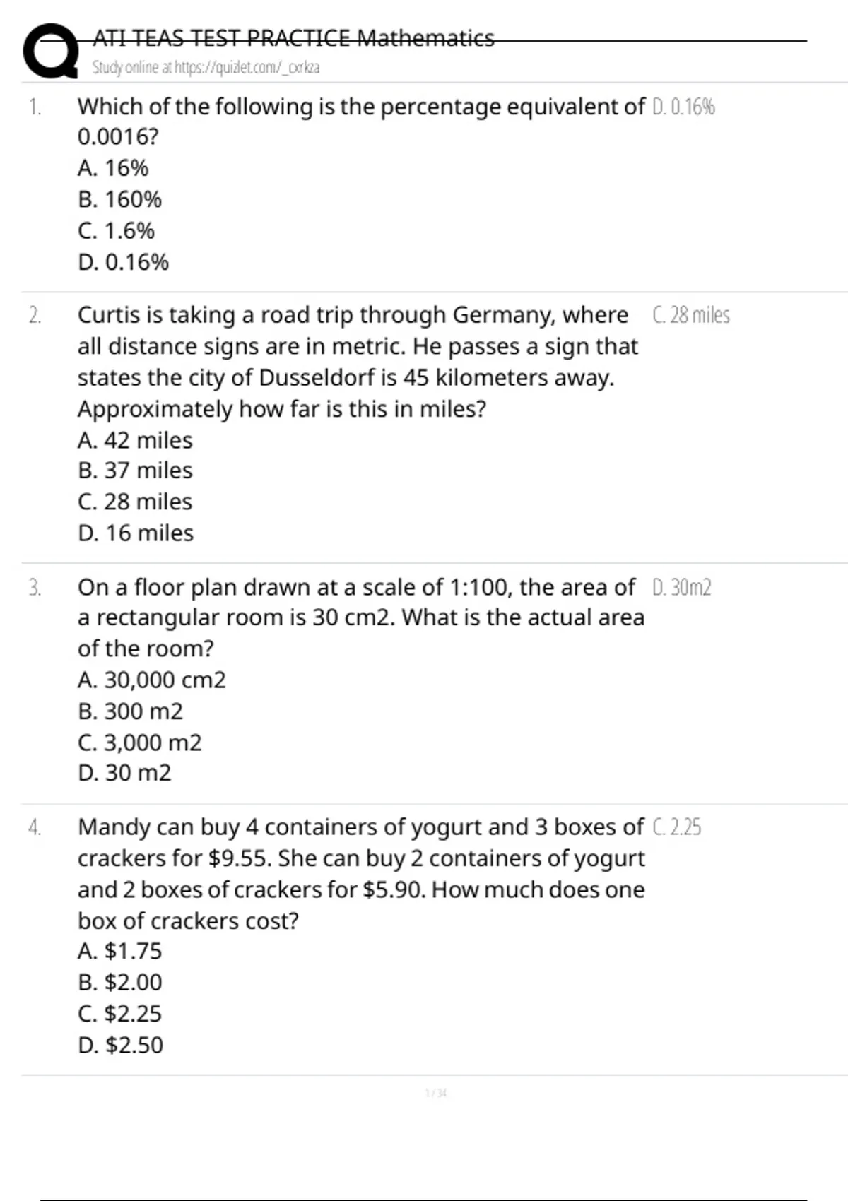 ATI TEAS TEST PRACTICE Mathematics / Actual Questions & Verified Answer ...