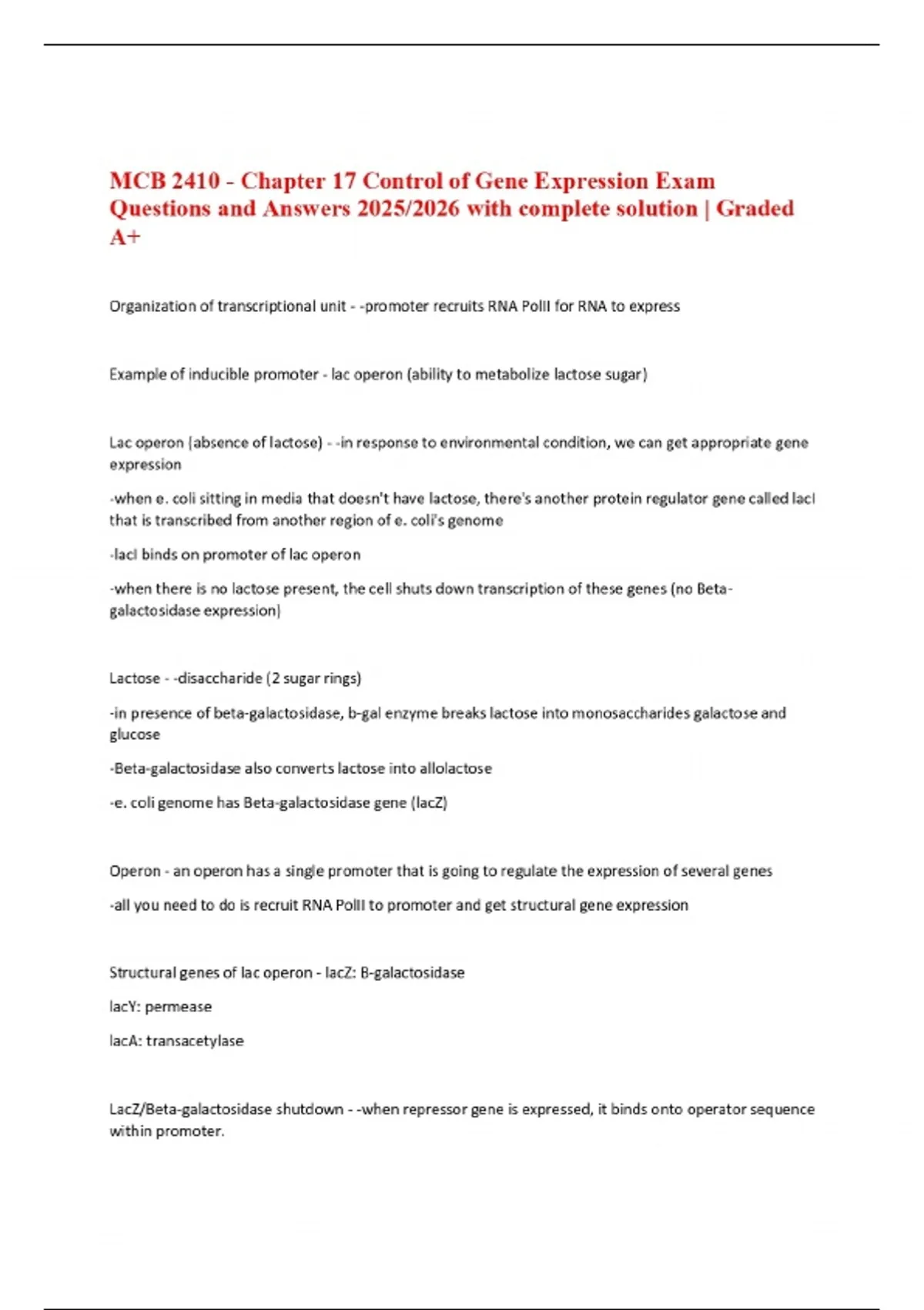 MCB 2410 - Chapter 17 Control of Gene Expression Exam Questions and ...