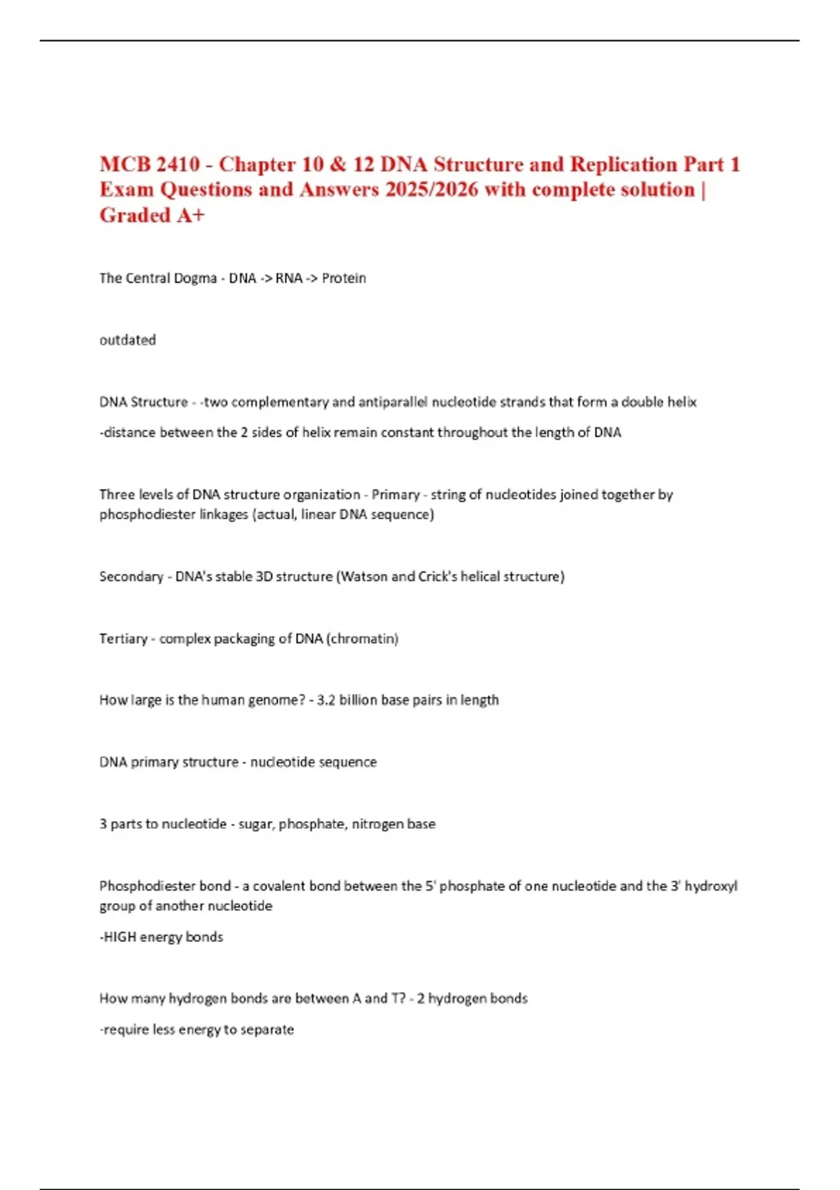 MCB 2410 - Chapter 10 & 12 DNA Structure and Replication Part 1 Exam ...
