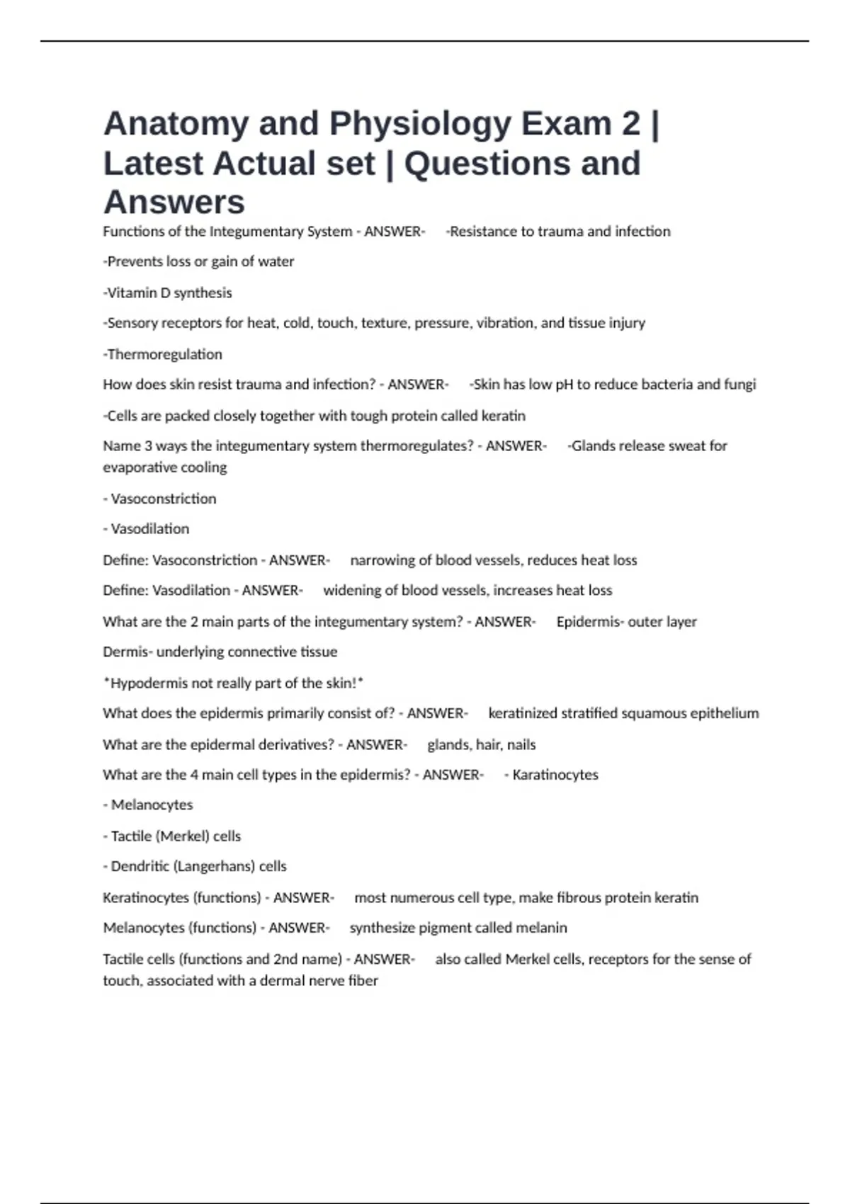 Anatomy and Physiology Exam 2 | Latest Actual set | Questions and ...
