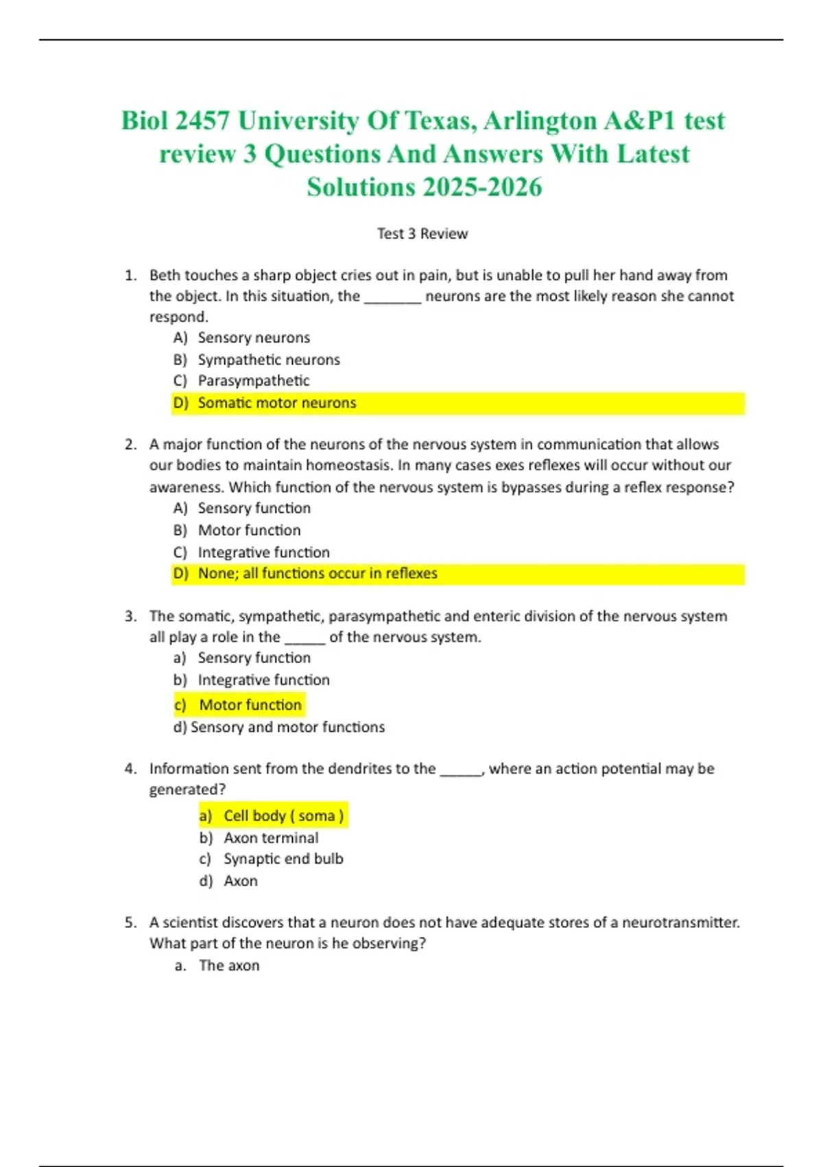 Biol 2457 University Of Texas, Arlington A&P1 test review 3 Questions ...