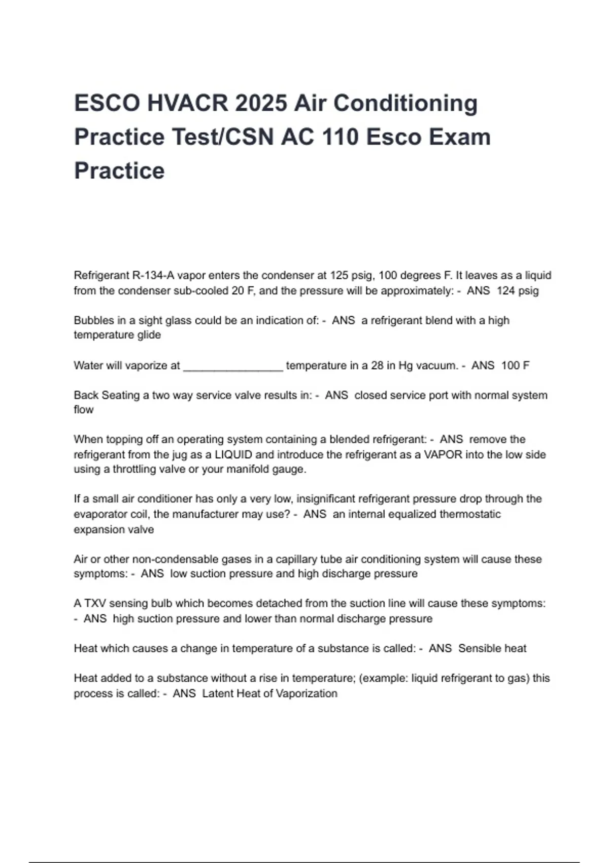 ESCO HVACR 2025 Air Conditioning Practice Test/CSN AC 110 Esco Exam Practice study guide latest ...