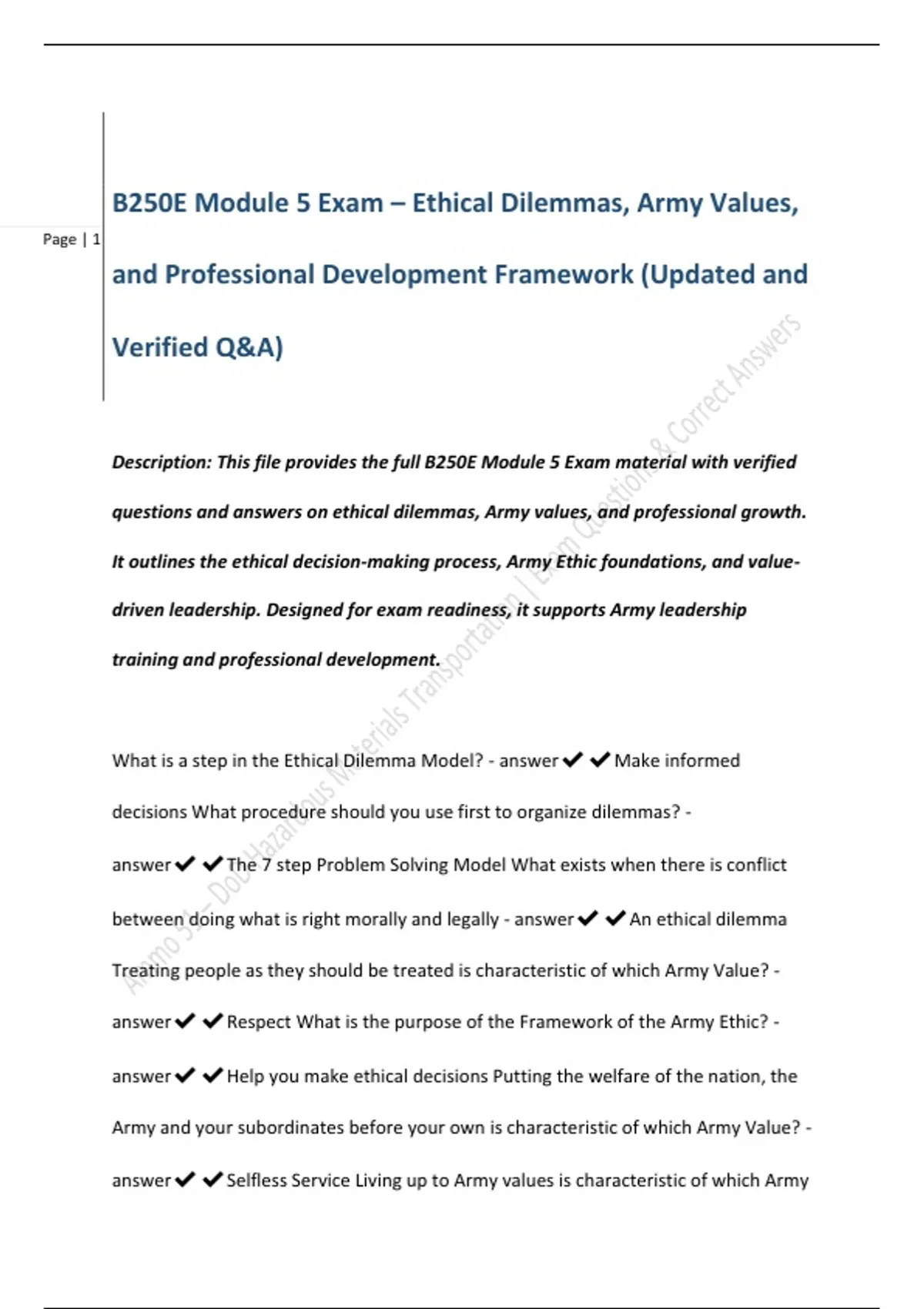 Professional Development Module Army B250E Module 5 Exam – Ethical Dilemmas, Army Values, and Professional ...