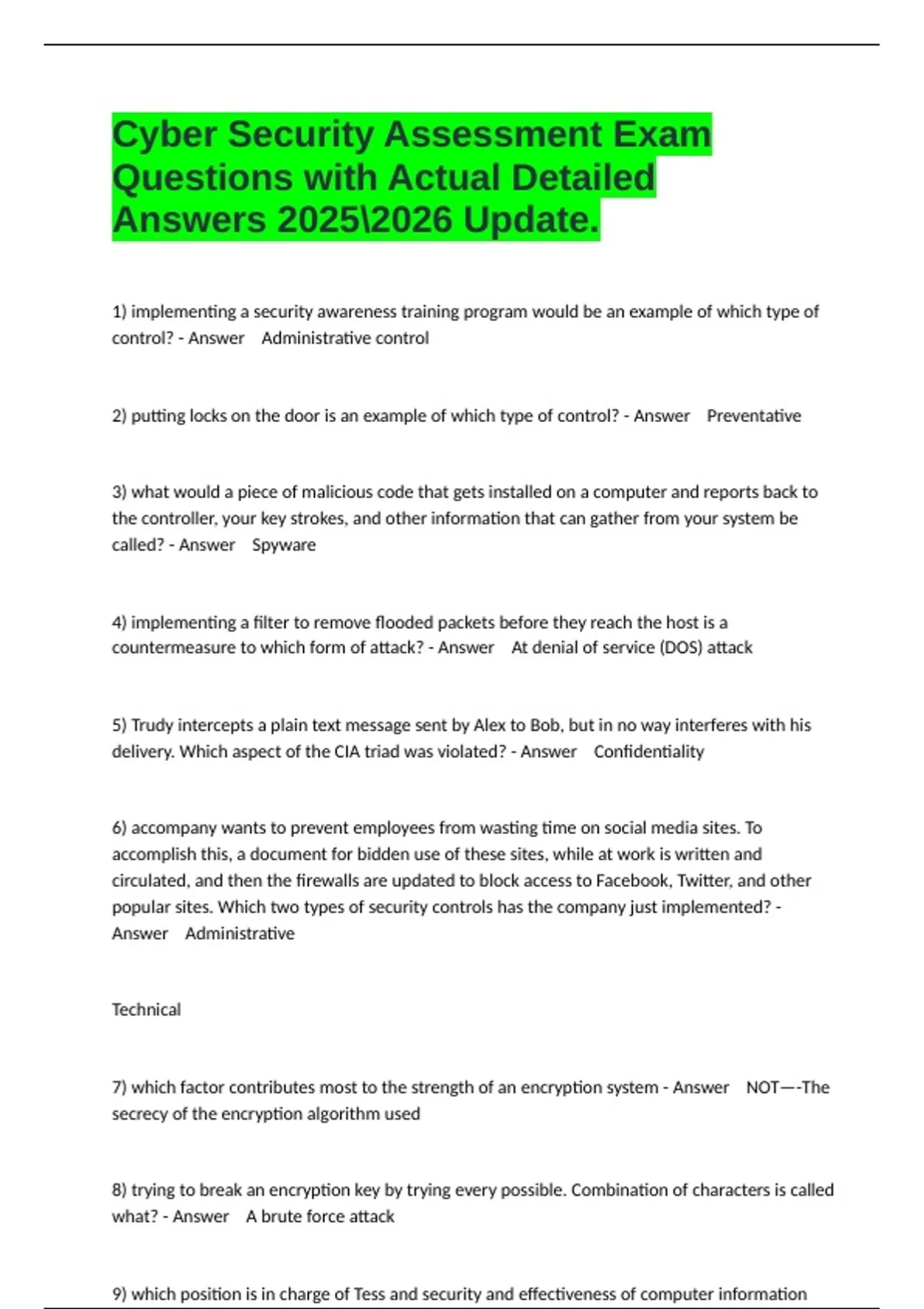 Cyber Security Assessment Exam Questions with Actual Detailed Answers ...