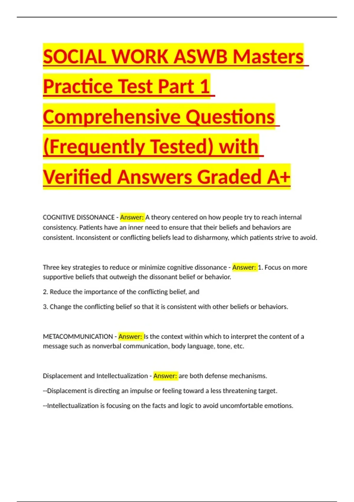 SOCIAL WORK ASWB Masters Practice Test Part 1 Comprehensive Questions ...