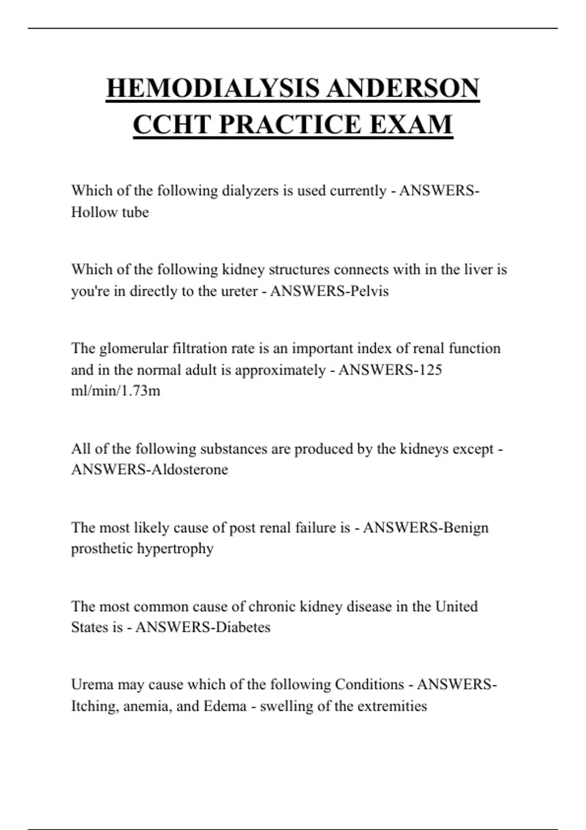 HEMODIALYSIS ANDERSON CCHT PRACTICE EXAM QUESTIONS AND ANSWERS 2025 ...
