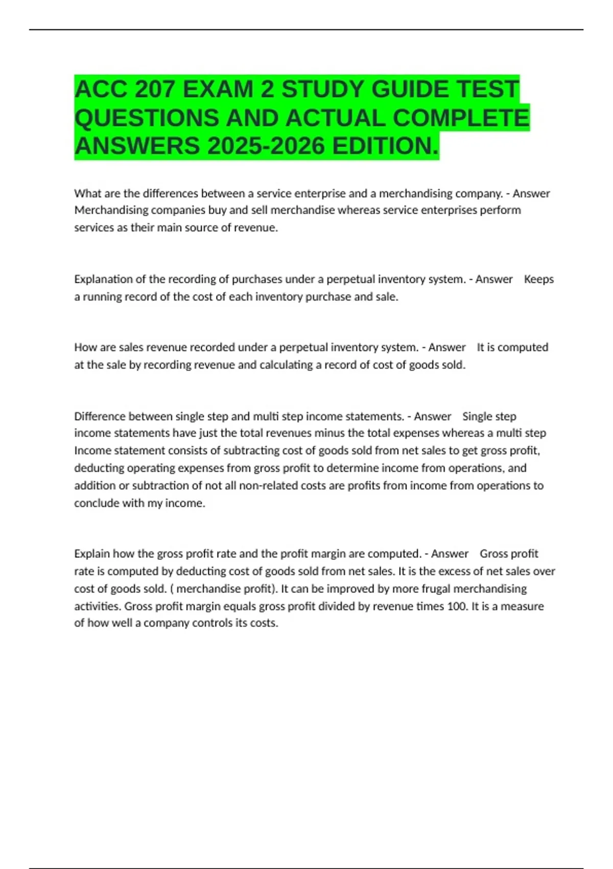 ACC 207 EXAM 2 STUDY GUIDE TEST QUESTIONS AND ACTUAL COMPLETE ANSWERS ...