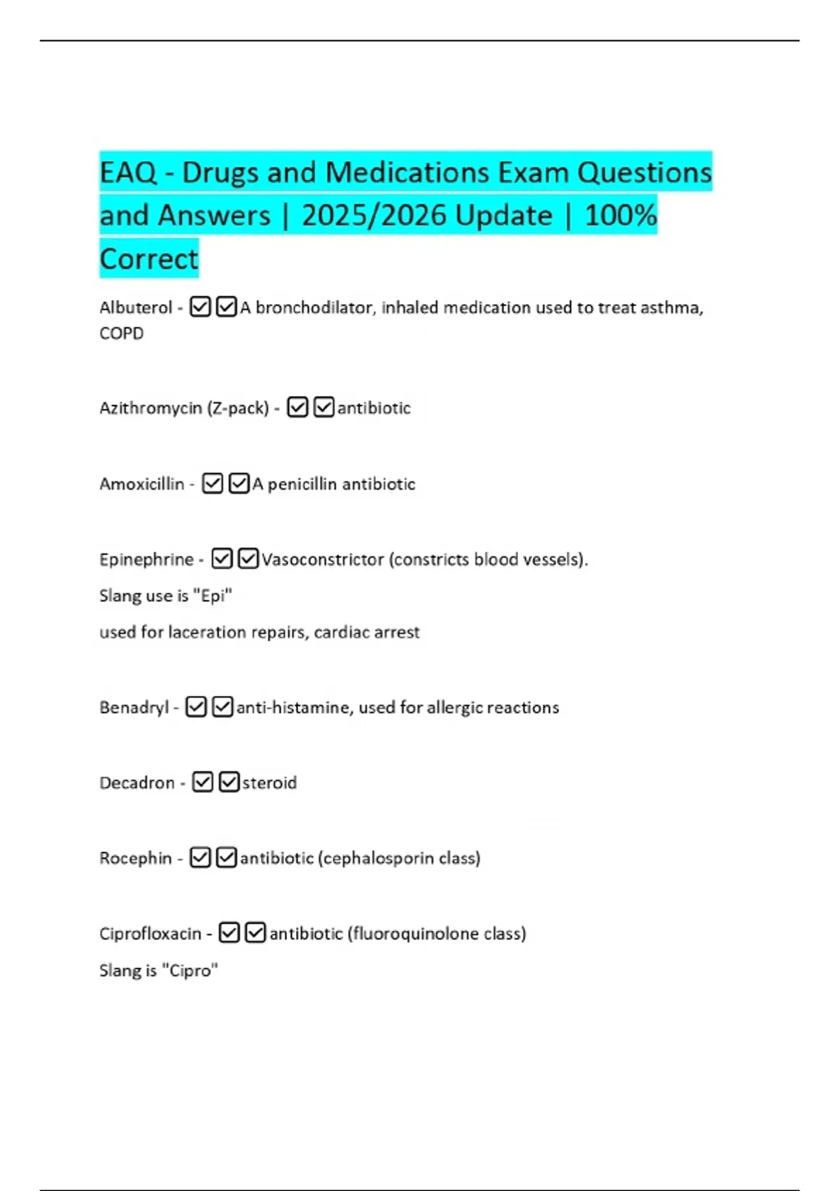 EAQ - Drugs and Medications Exam Questions and Answers | 2025/2026 ...