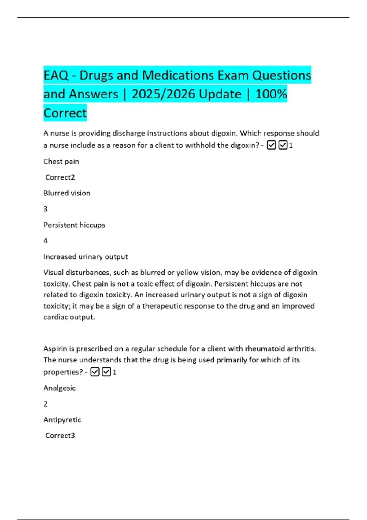 EAQ - Drugs and Medications Exam Questions and Answers | 2025/2026 ...