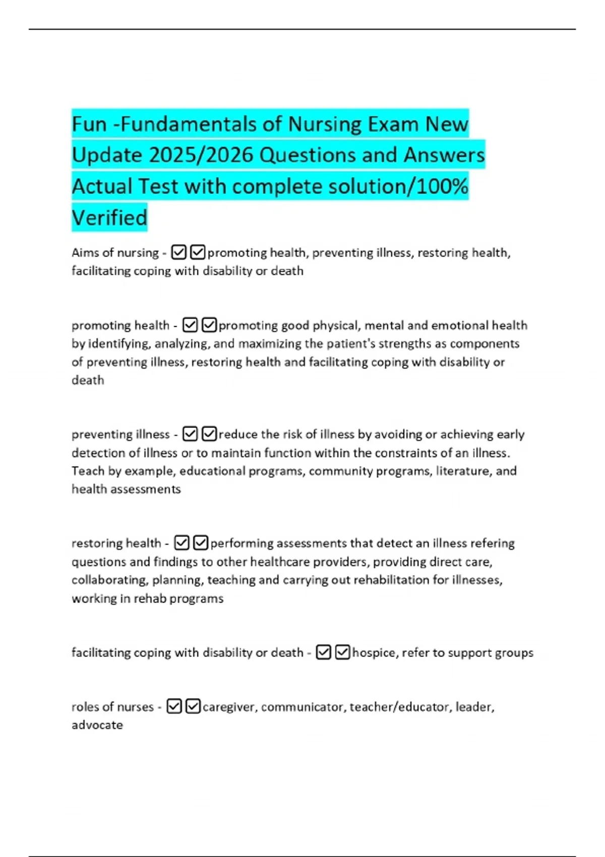 Fun -Fundamentals of Nursing Exam New Update 2025/2026 Questions and ...