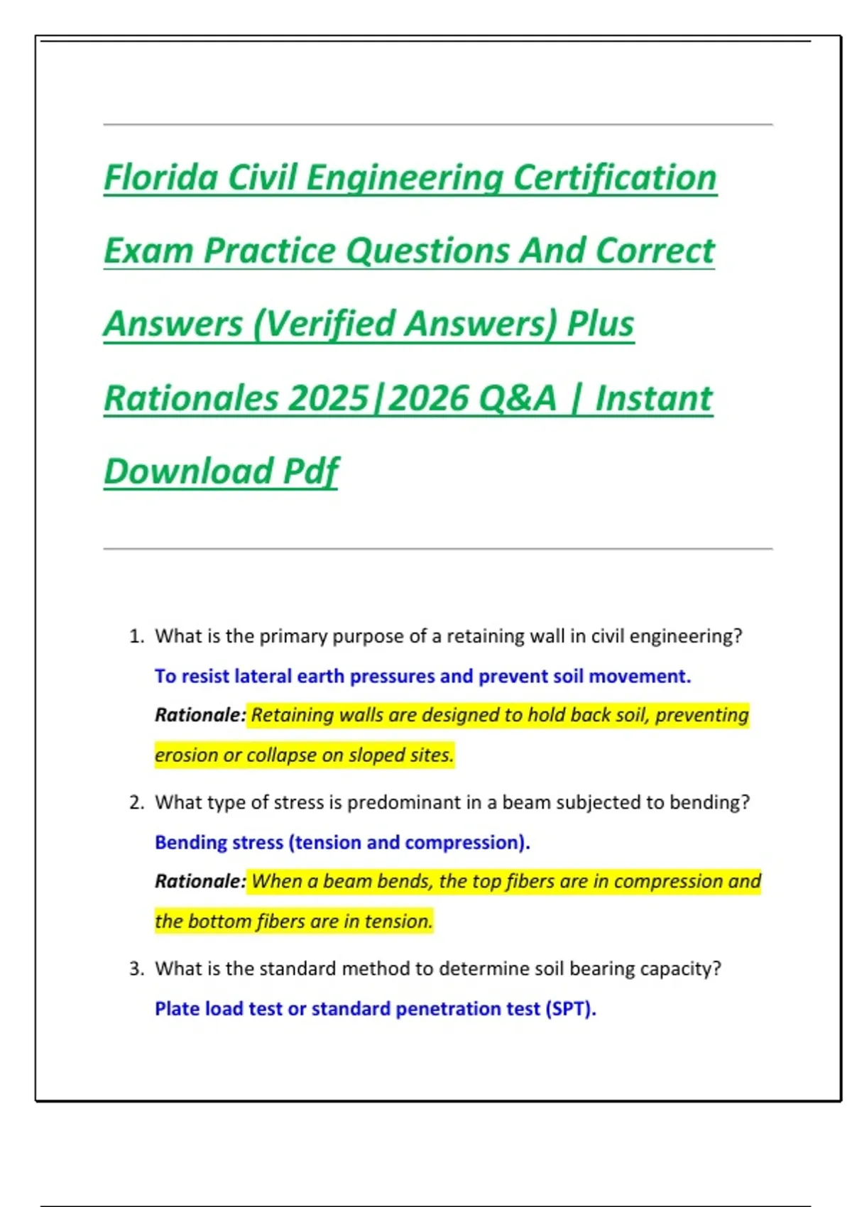 Engineer Certification Test Florida Civil Engineering Certification Exam Practice Questions And ...