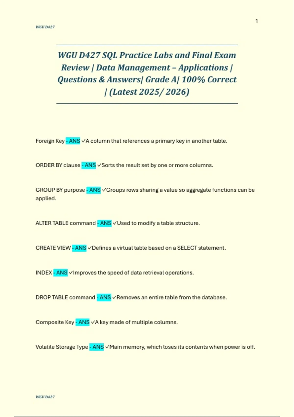 WGU D427 SQL Practice Labs and Final Exam Review | Data Management ...