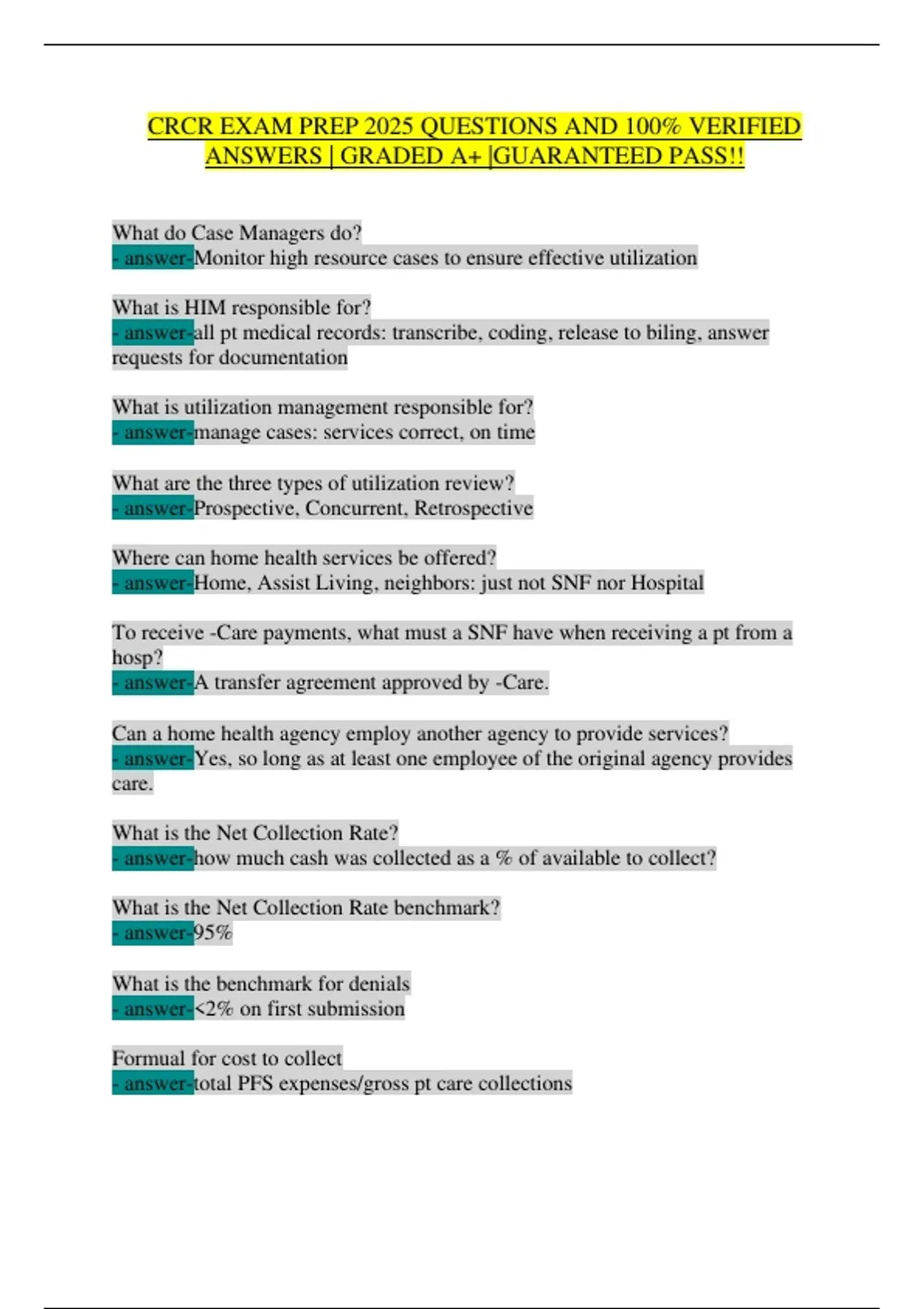 CRCR Exam Cheat Sheet 2025: Ultimate Q&A Review | HFMA | Quick Study ...