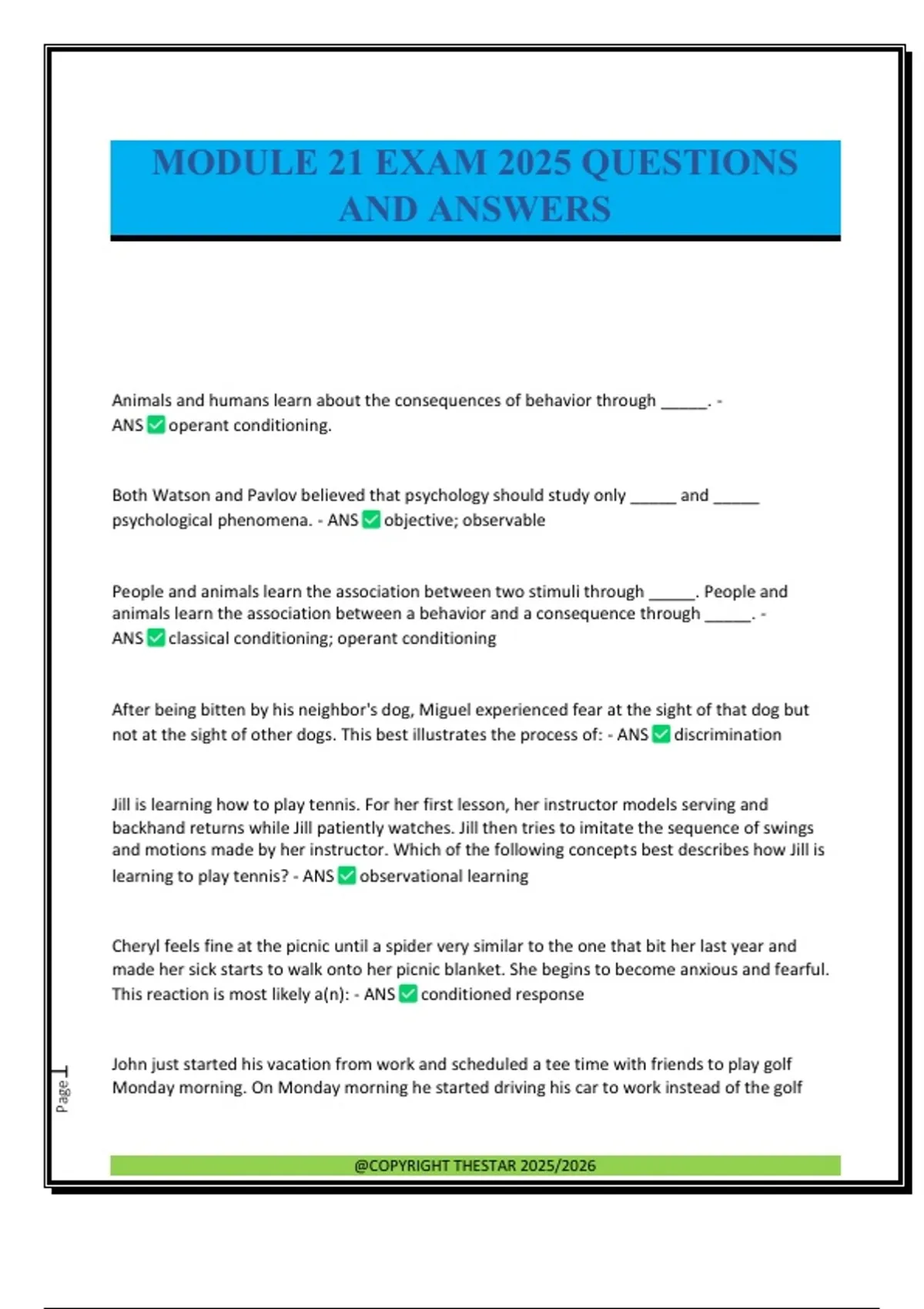 MODULE 21 EXAM 2025 QUESTIONS AND ANSWERS - PSYCHOLOGY - Stuvia US