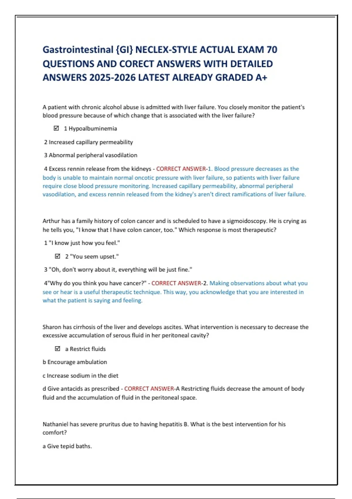 Gi Questions Gastrointestinal {GI} NECLEX-STYLE ACTUAL EXAM 70 QUESTIONS AND CORECT ...