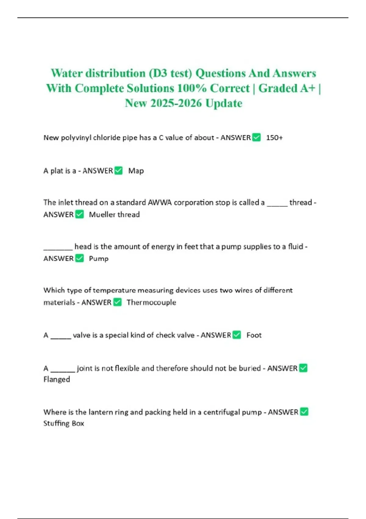 Water distribution (D3 test) Questions And Answers With Complete ...