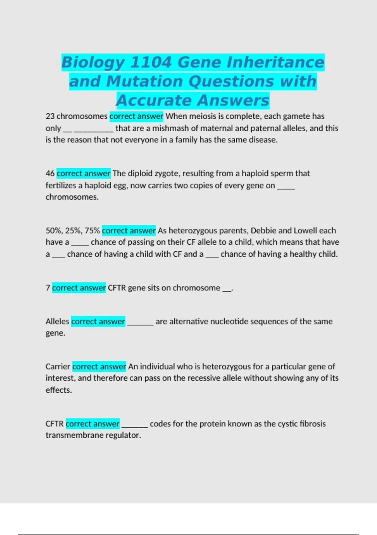 Biology 1104 Gene Inheritance and Mutation Questions with Accurate ...