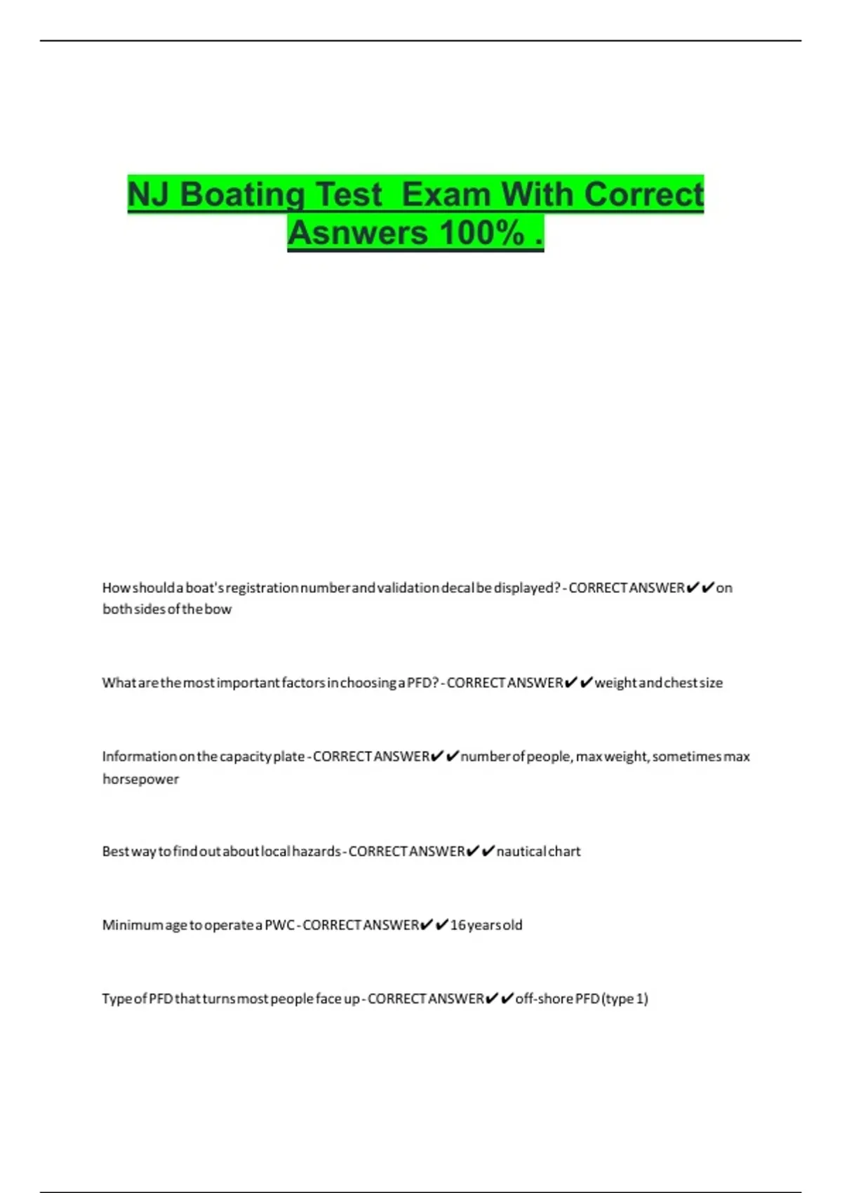 NJ Boating Test Exam With Correct Asnwers 100- - Nj - Stuvia US