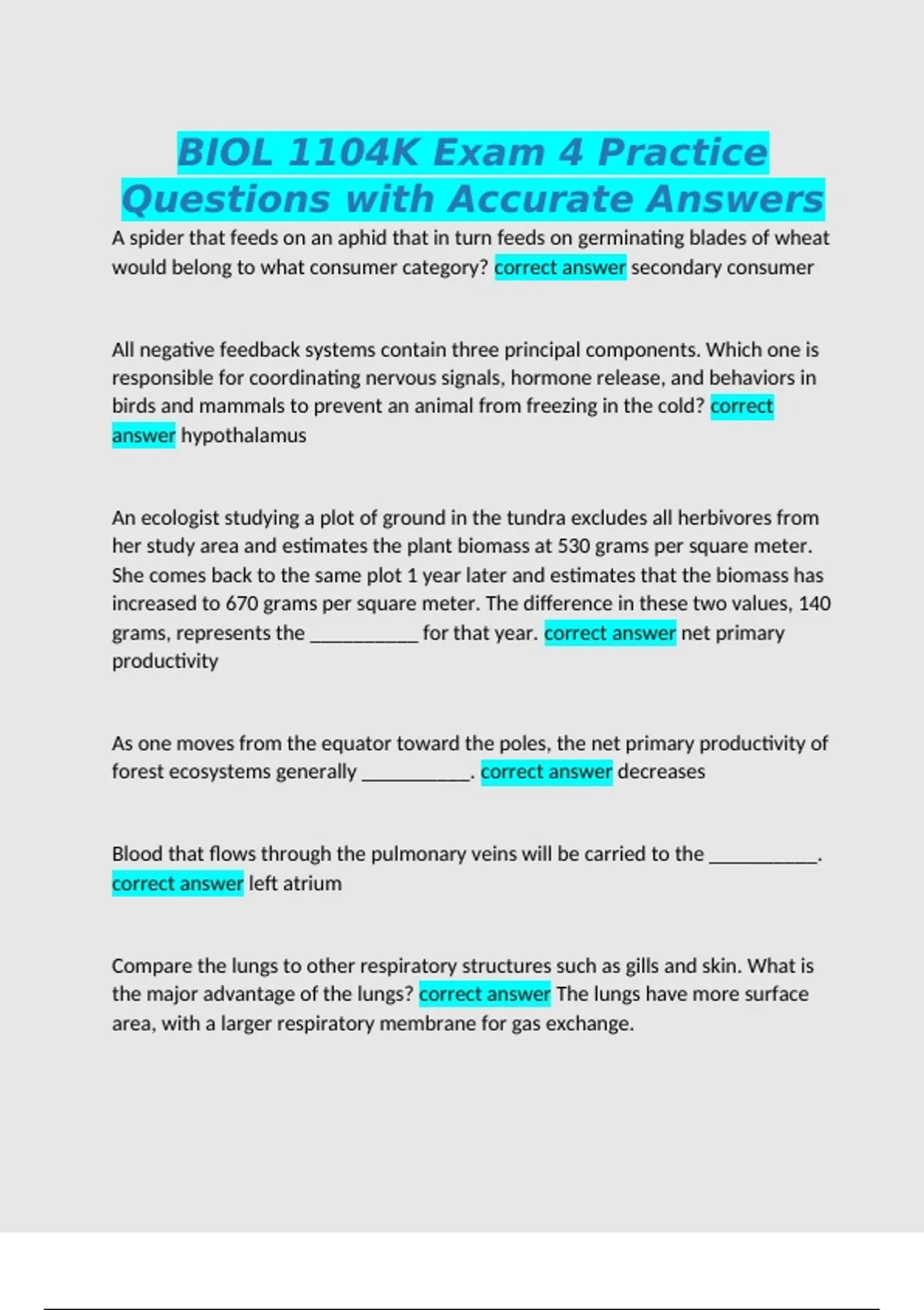 BIOL 1104K Exam 4 Practice Questions with Accurate Answers - Biology ...