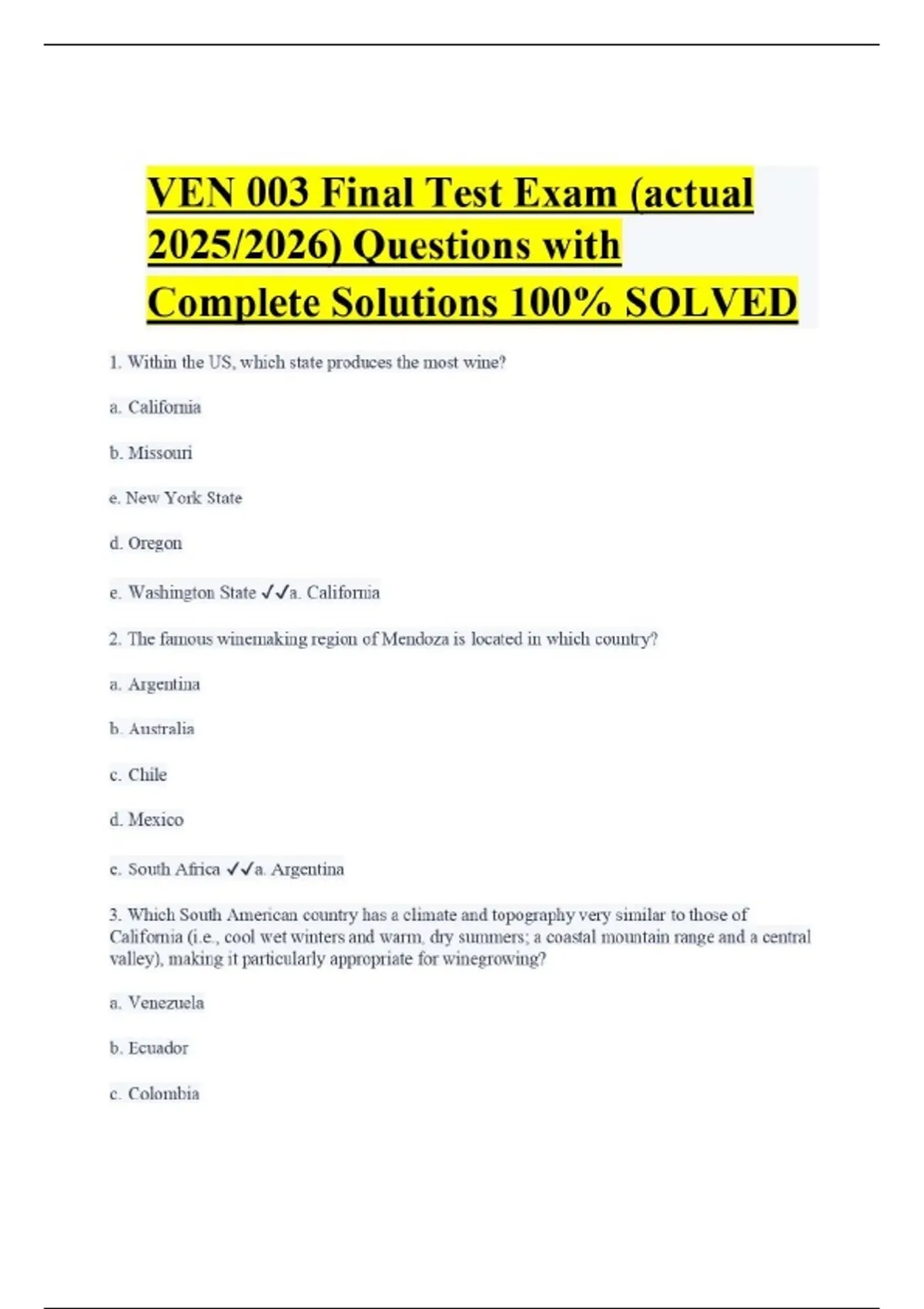 VEN 003 Final Test Exam (actual 2025/2026) Questions with Complete ...