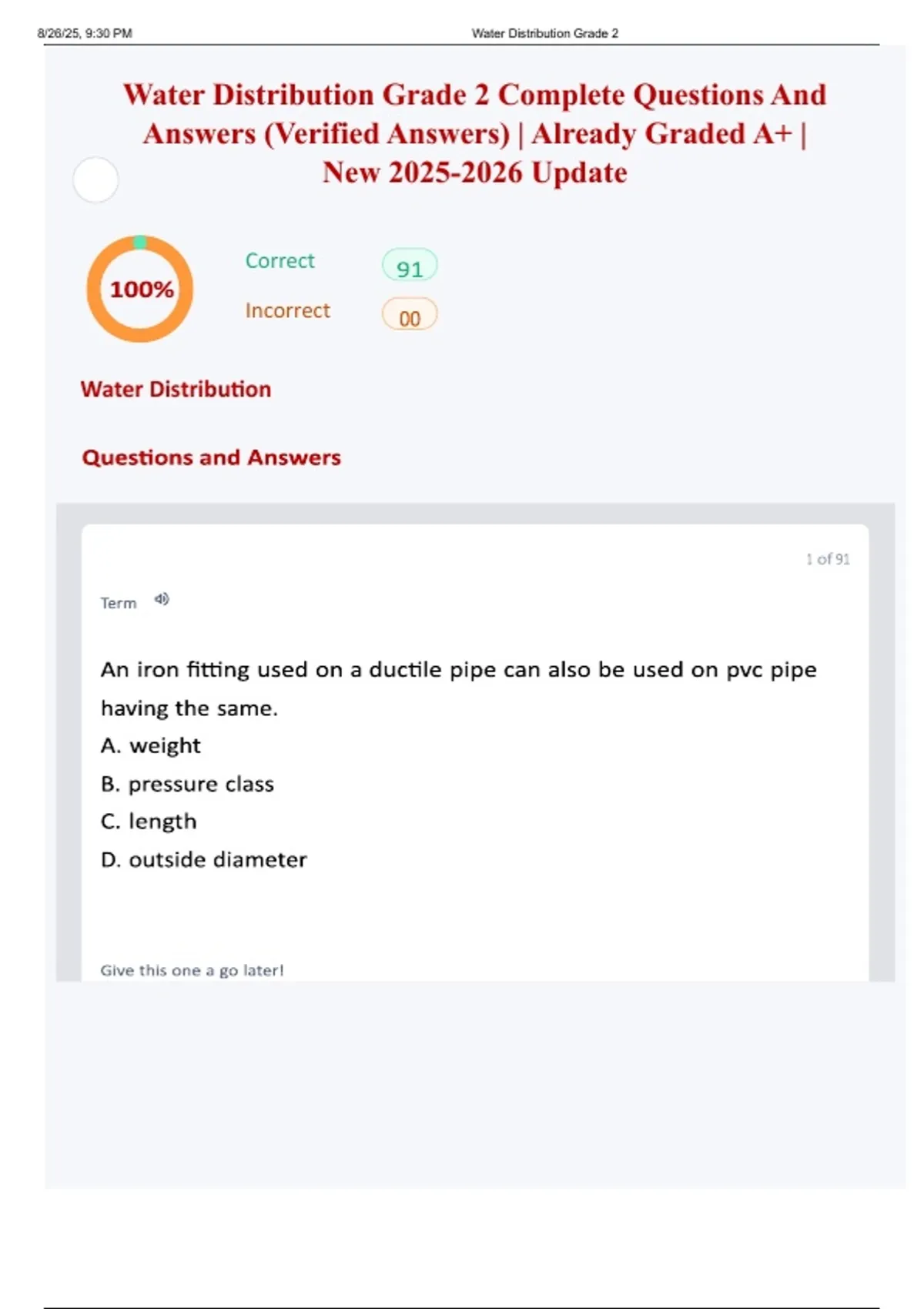 Water Distribution Grade 2 Complete Questions And Answers (Verified ...