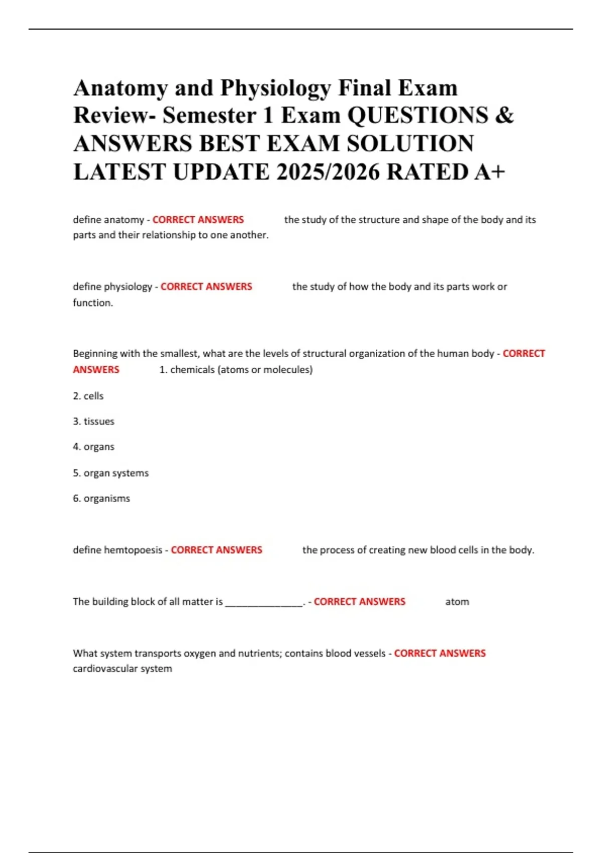 Summary Anatomy and Physiology Final Exam Review- Semester 1 Exam ...