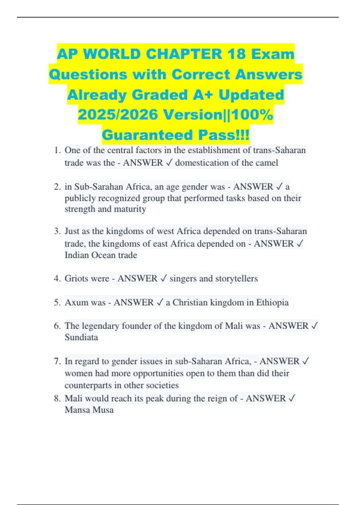 BUNDLE FOR AP World Objective Assessment Exam Questions with Correct ...