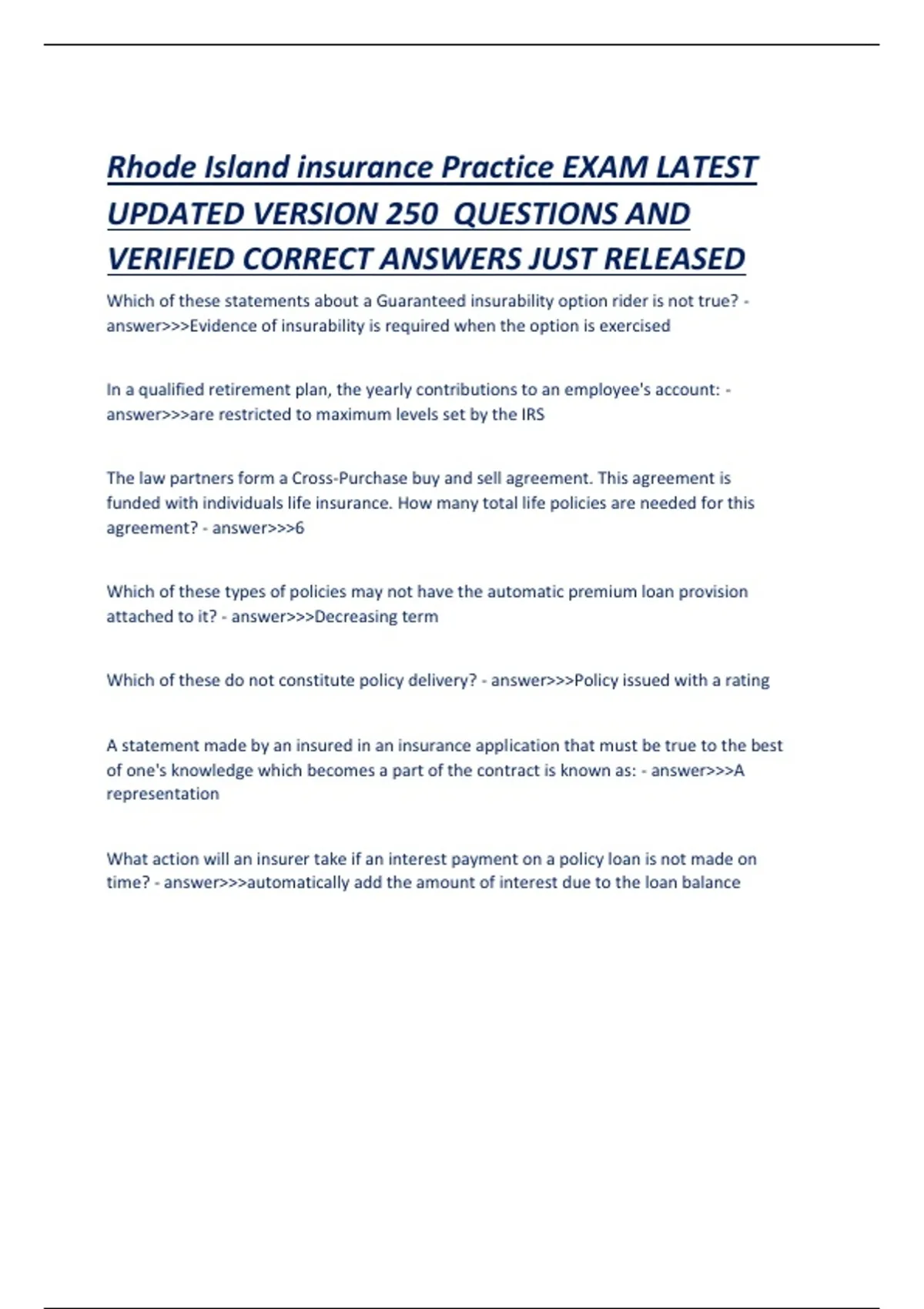 Rhode Island insurance Practice EXAM LATEST UPDATED VERSION 250 ...