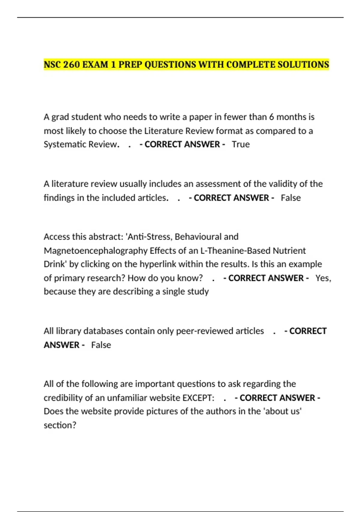 Nsc 260 Exam 1 Prep Questions With Complete Solutions Nsc Stuvia Us