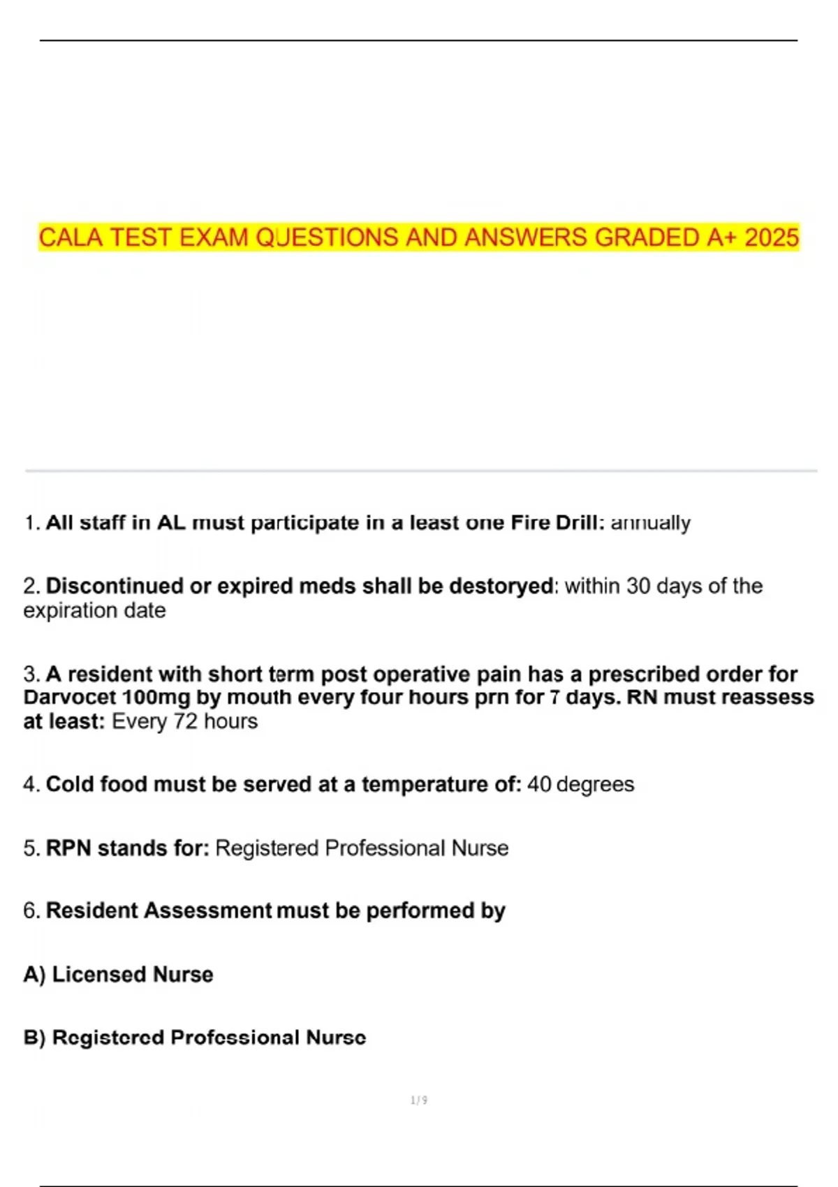 CALA TEST EXAM QUESTIONS AND ANSWERS GRADED A+ 2025 - Nj cala - Stuvia US